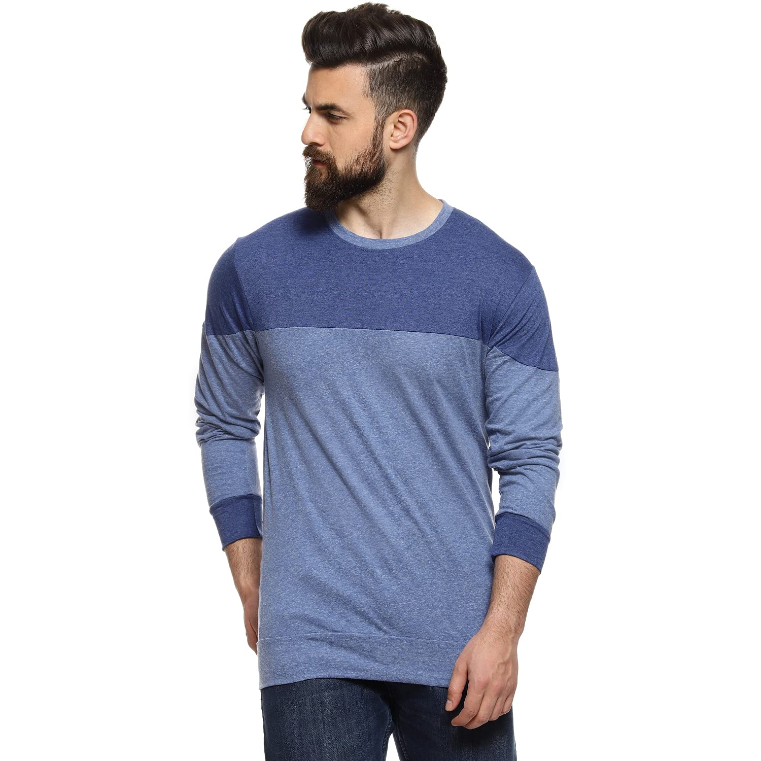 Campus SutraMen's Blue Colour-Blocked Full Sleeve Regular Fit T-Shirt for Casual Wear | Stylish Modern Clothing T-Shirt Crafted with Comfort Fit and High-Performance for Everyday Wear