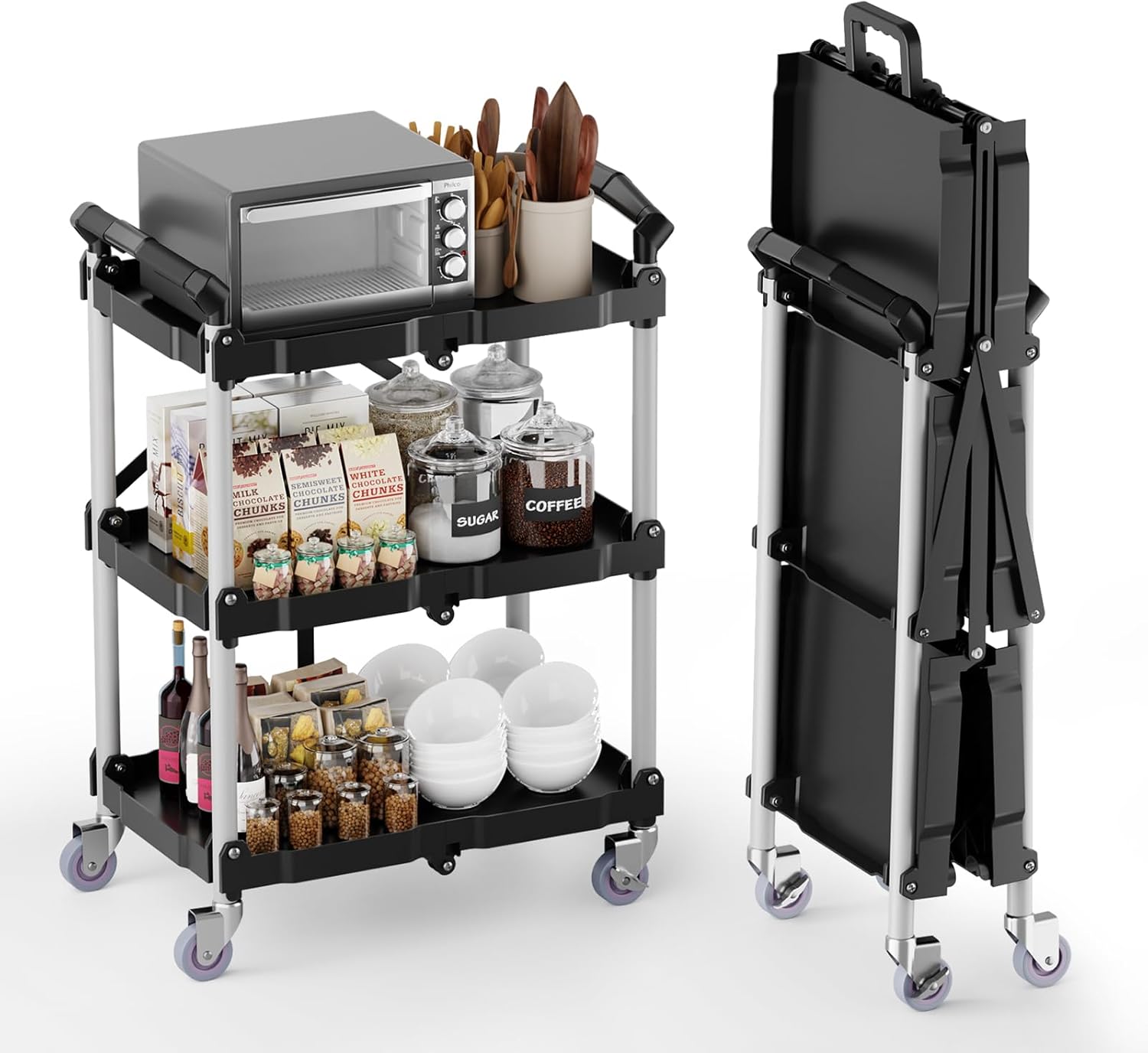 Foldable Rolling Cart, 3 Tier Portable Utility Service Carts with Wheels Lockable Handles for Storage Restaurant Warehouse Garage 180LBS Capacity