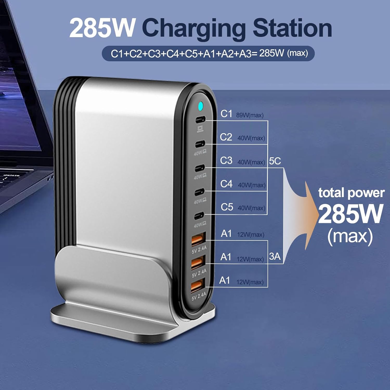 USB C Fast Charger : Fast Charging Station : 285W-8 Port Desktop Multiple Devices Power Adapter for Laptop MacBook Pro/Air, DELL, Tablet iPad Pro/Air, iPhone 16/15/14, Galaxy S23/22 - Image 6