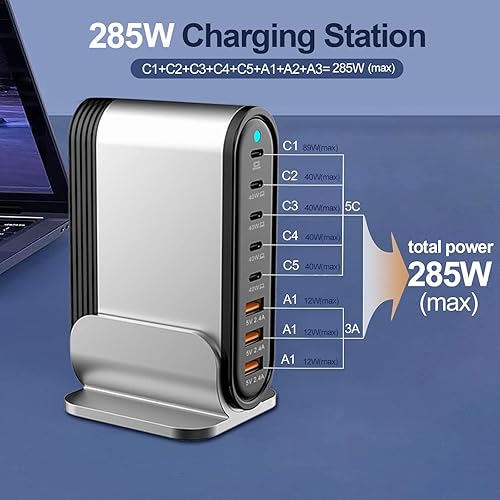 Miniatura 6 de USB C Fast Charger  Fast Charging Station  285W-8 Port Desktop Multiple Devices Power Adapter for Laptop MacBook ProAir, DELL, Tablet iPad ProAir,