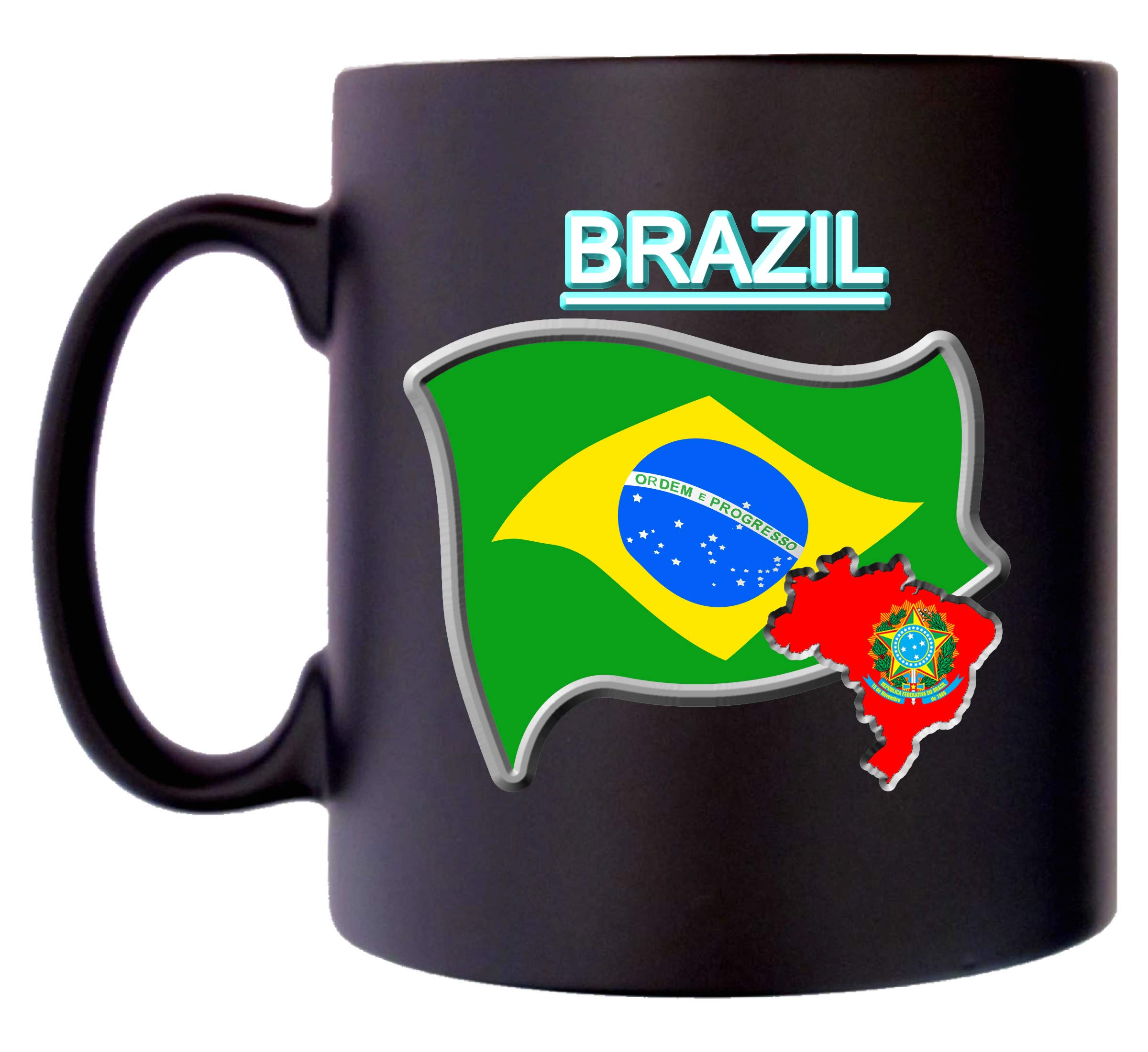 Klassek Brazil Flag Brazilian Map Mug Coffee Tea 10oz Black Satin Coat of Arms COA Brasil Crest Symbol