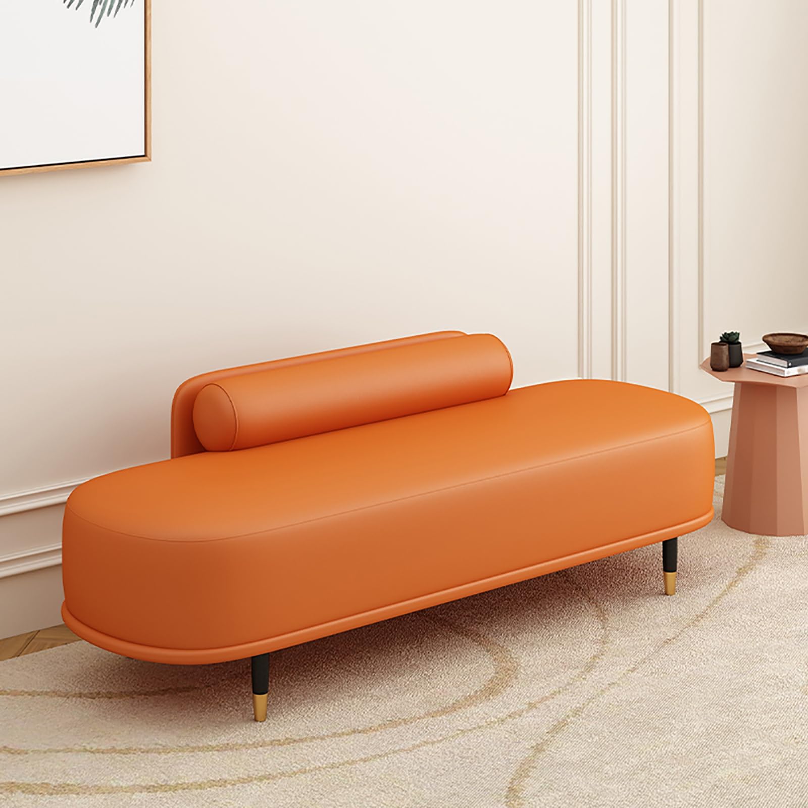 Élégant repose-pieds en bois massif et cuir orange avec dossier design