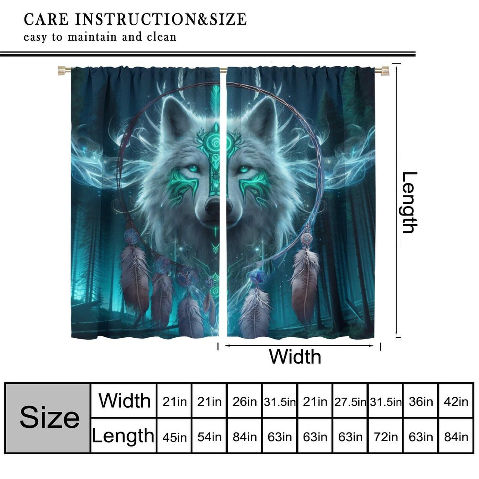 Fantasy Wildlife Wolf Curtains Cool Galaxy Misty Forest Wolf Dreamcatcher Window Treatment for Kids Boys Bedroom Game Room Blackout Decor Window Drapes 42