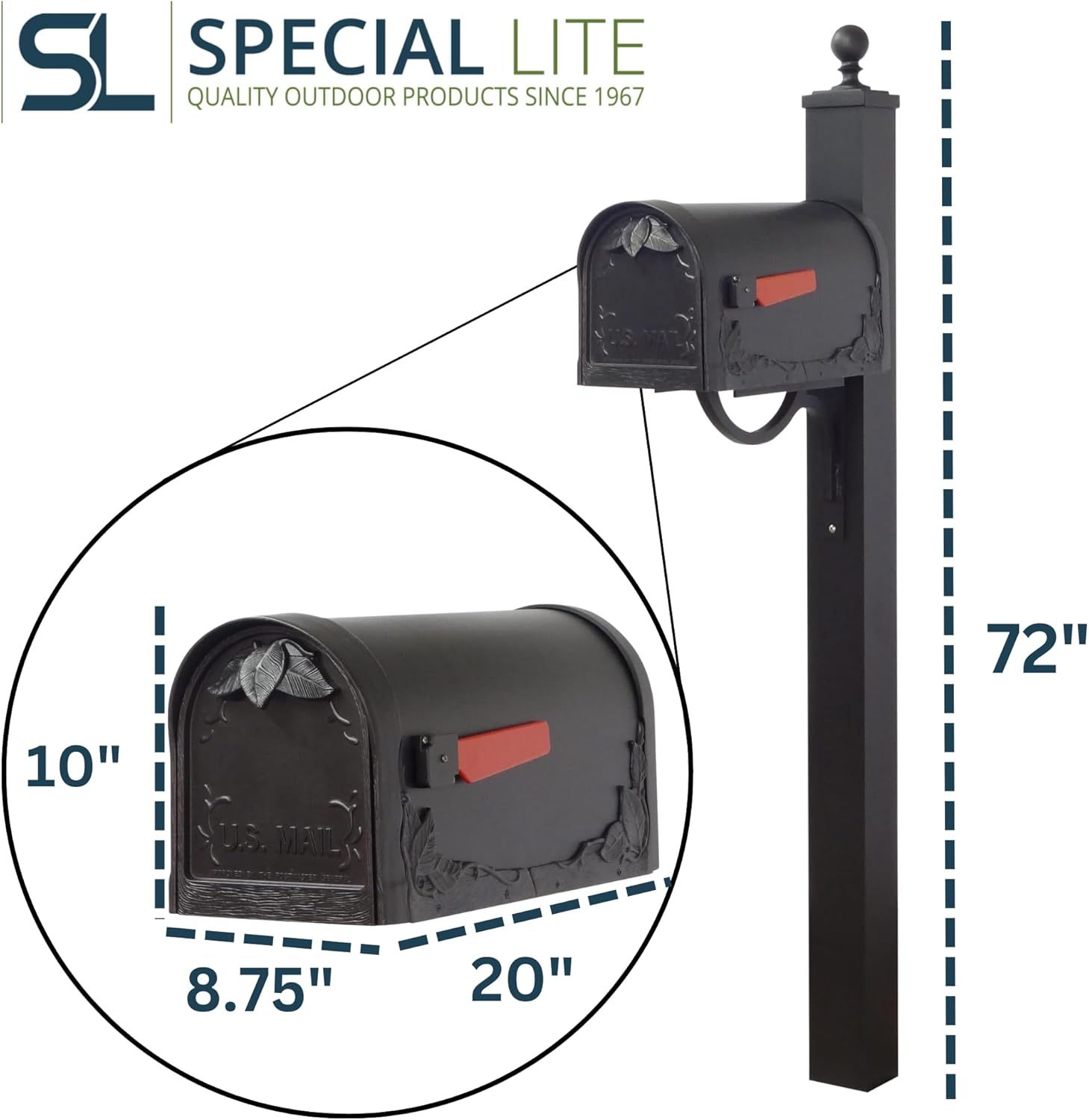 Special Lite Floral Curbside Mailbox with Springfield Post - Black Aluminum Mailbox with Direct Burial Post - SCF-1003_SPK-710-BLK