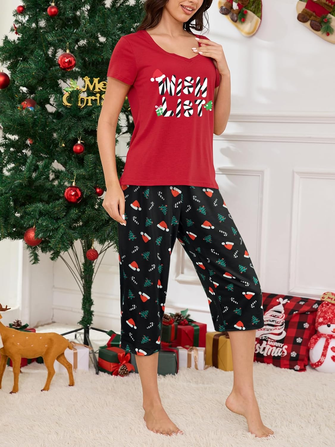 YIJIU Women's Short Sleeve Tops and Capri Pants Cute Cartoon Print Pajama Sets