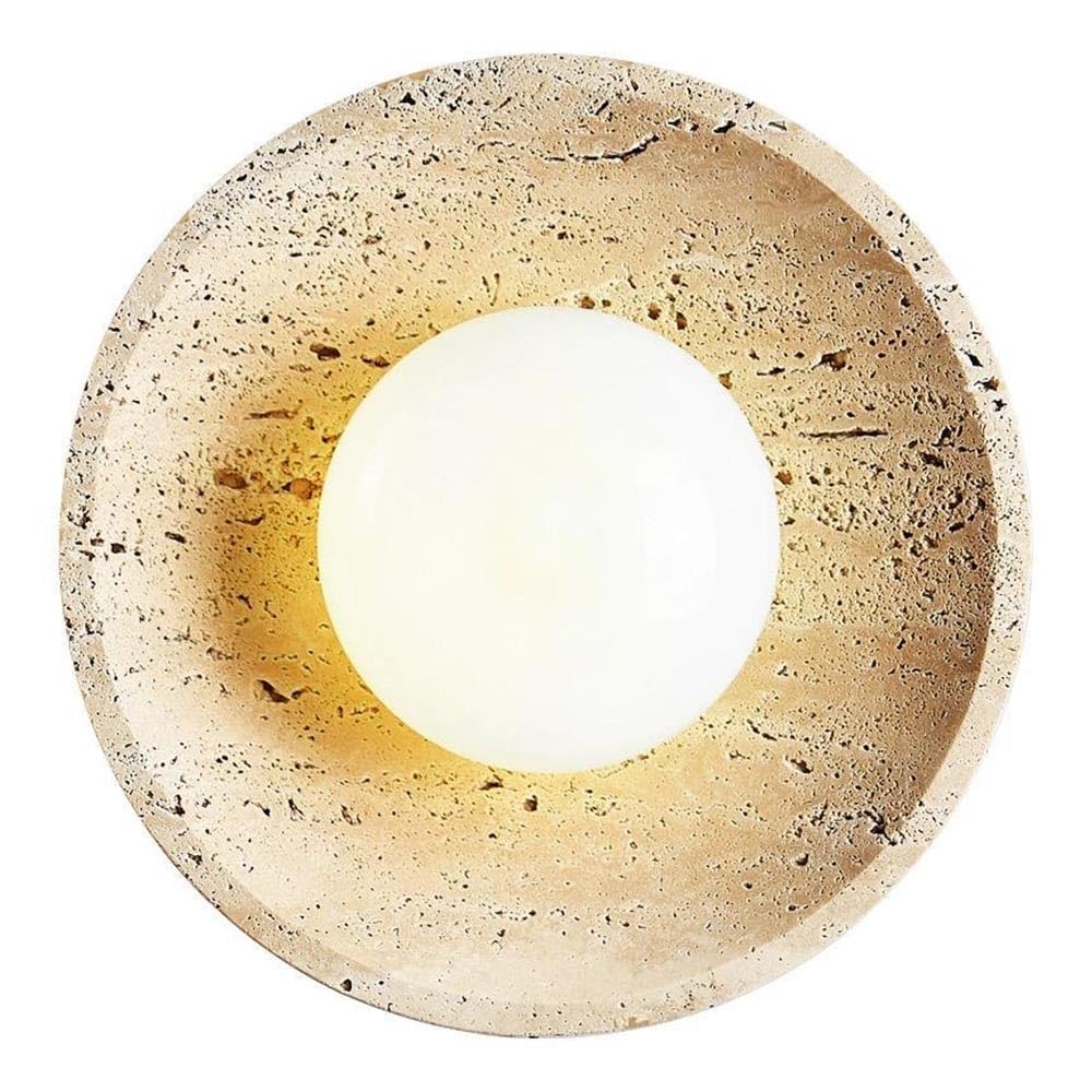 SXSCARKX Creative Round Wall Sconce, Japanese Style Mounted Lights, G9 Natural Travertine Lamps with Milky Glass Shade for Bedroom Living Room Dinning Aisle