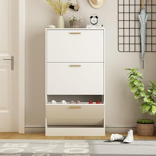 Miniatura 8 de Armario estrecho de almacenamiento de zapatos, zapatero para entrada con 3 cajones abatibles, almacenamiento oculto de madera para zapatos,