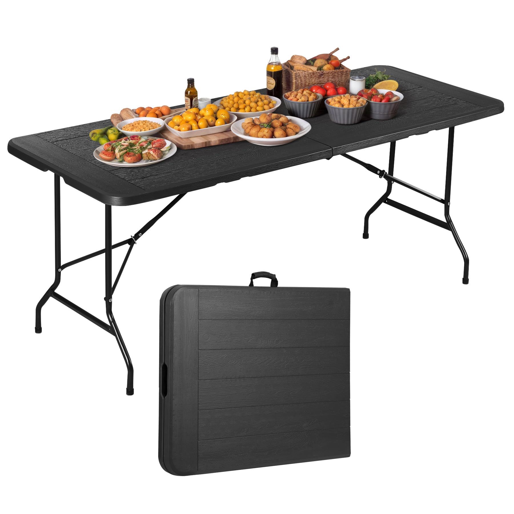 Saicool Folding Event Table, Heavy Duty Picnic Table Indoor Outdoor Camping, 6FT Portable w Handle Lock for Banquet, Black