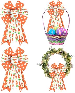 ALIBBON Easter Bows for Wreaths, Spring Easter Wreath Bows, Easter Carrot Bows for Crafts, Easter Decor, Orange Dots Burlap Bows for Wreath Indoor Outdoor Wall Window Decorations