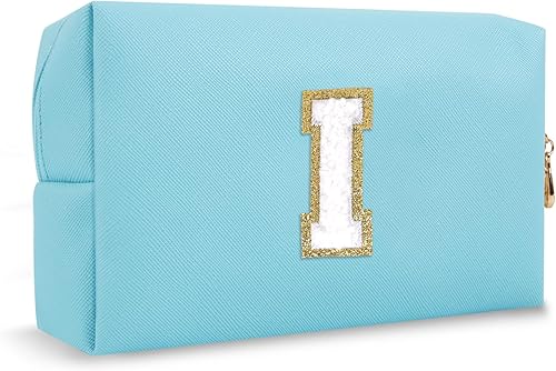 Miniatura 8 de Biileen Bolsa de maquillaje preppy inicial personalizada Pequeña bolsa de carta de chenilla de viaje linda, Azul, Moda