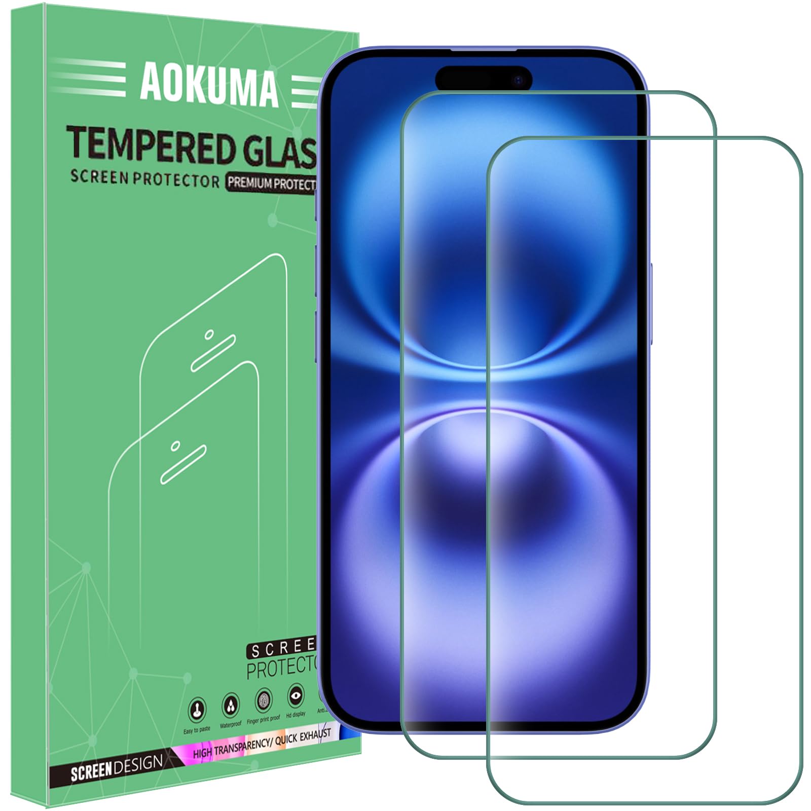 AOKUMA Tempered Glass for iPhone 16/15 6.1 Screen Protector, [2 Pack] Premium Quality Guard Film, Case Friendly, Shatterproof, Shockproof, Scratchproof, Oilproof