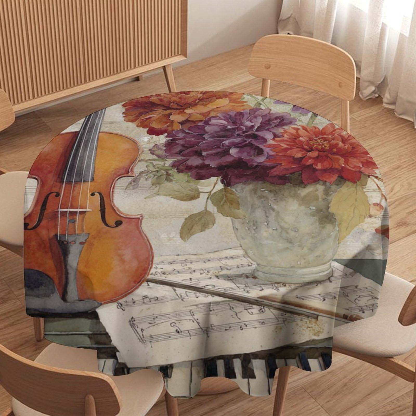 LUYYSKY Mid Century Retro Music Theme Round Tablecloth Classic Oil Painting Music Instrument Violin Piano Floral Print Washable Decor for Table Cover for Kitchen-152.4" Wx152.4 L cm
