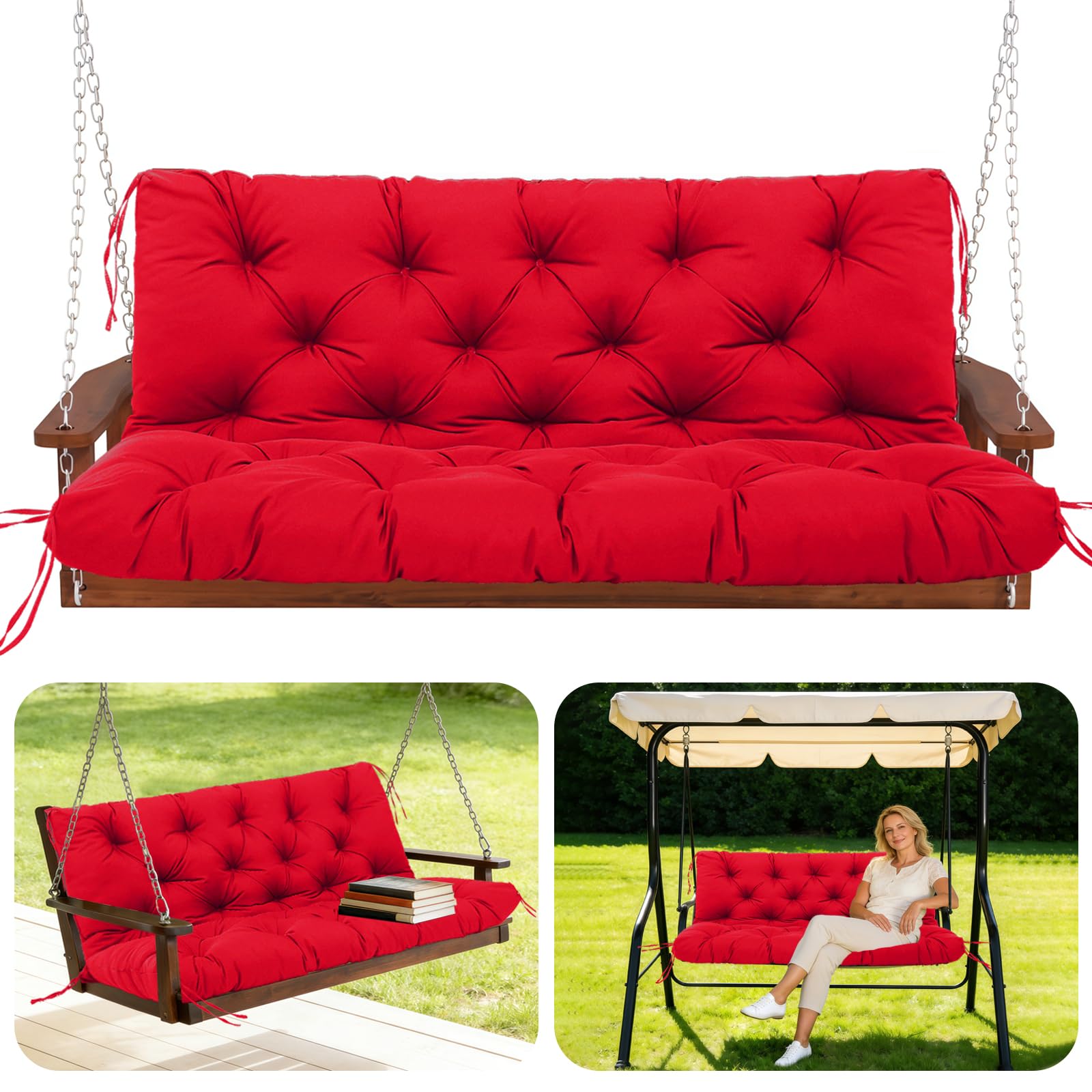 GHDM Garden Bench Cushion Thick 12cm Swing Cushions 2 Seater with Backrest and Tie 100cm Waterproof Swing Seat Cushions Replacement for Outdoor Furniture Patio Porch Lawn Backyard(Red)