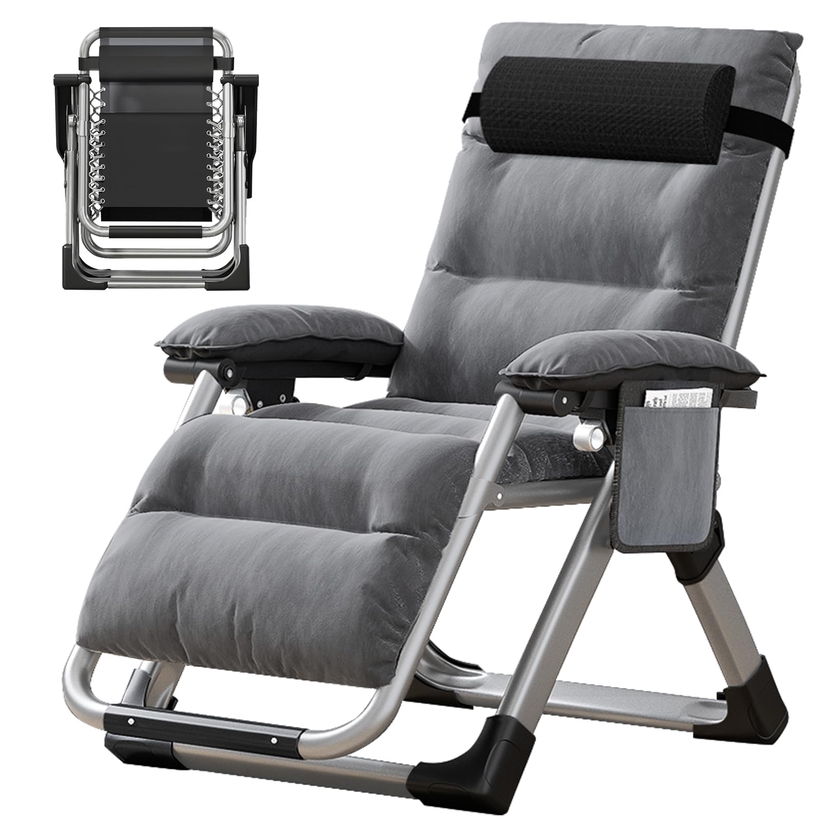 MOPHOTO Zero Gravity Chaise inclinable Pliante avec Coussinet et Poche latérale, Charge de 200 kg, Parfaite pour la Sieste, Le Salon, Le Balcon, Le Jardin, la terrasse（Gris Clair）