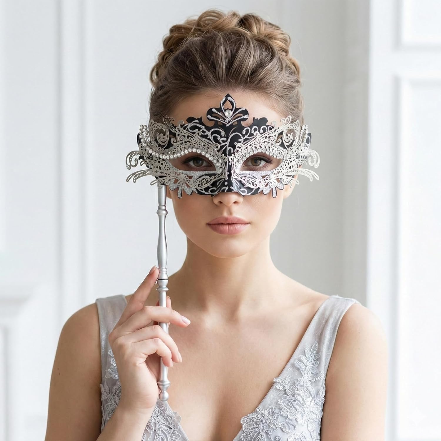 Coddsmz Masquerade Mask with Stick Venetian Mask Mardi Gras Decorations for Womens Halloween Costume Mask - Image 2