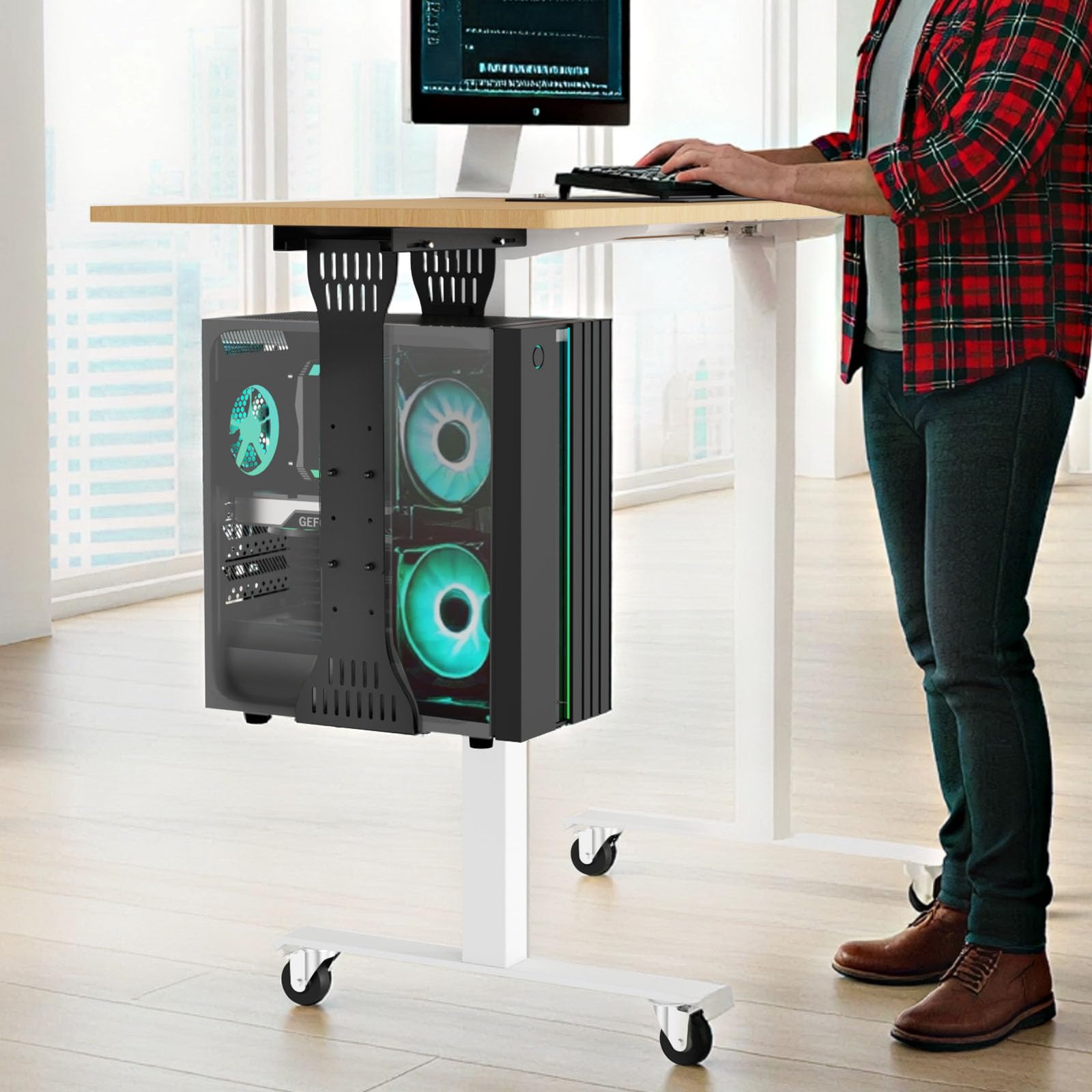 KEEGH Verstellbare PC Halterung unter Schreibtisch, 38-58cm Höhe, Heavy Duty Computer Halterung mit Schutzpolstern bis zu 40kgs, Untertisch PC-Halterung für Computergehäuse, Schwarz
