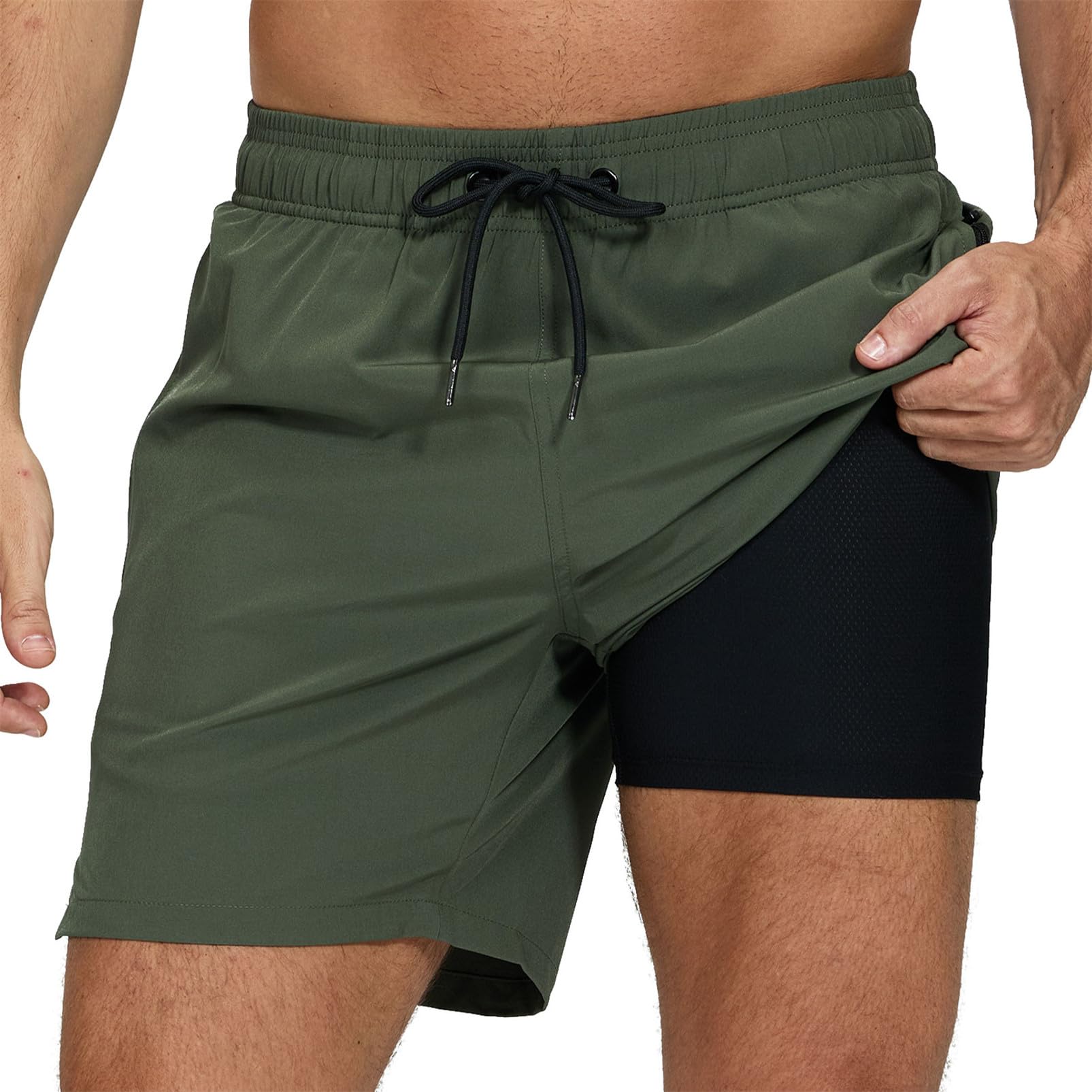 outfit spring Badehose Herren Schnelltrocknend mit Reißverschlusstasche, 2-in-1 Badeshorts für Herren mit Kompressions-Innenhose, Boardshorts Männer für Strand, Pool & Training