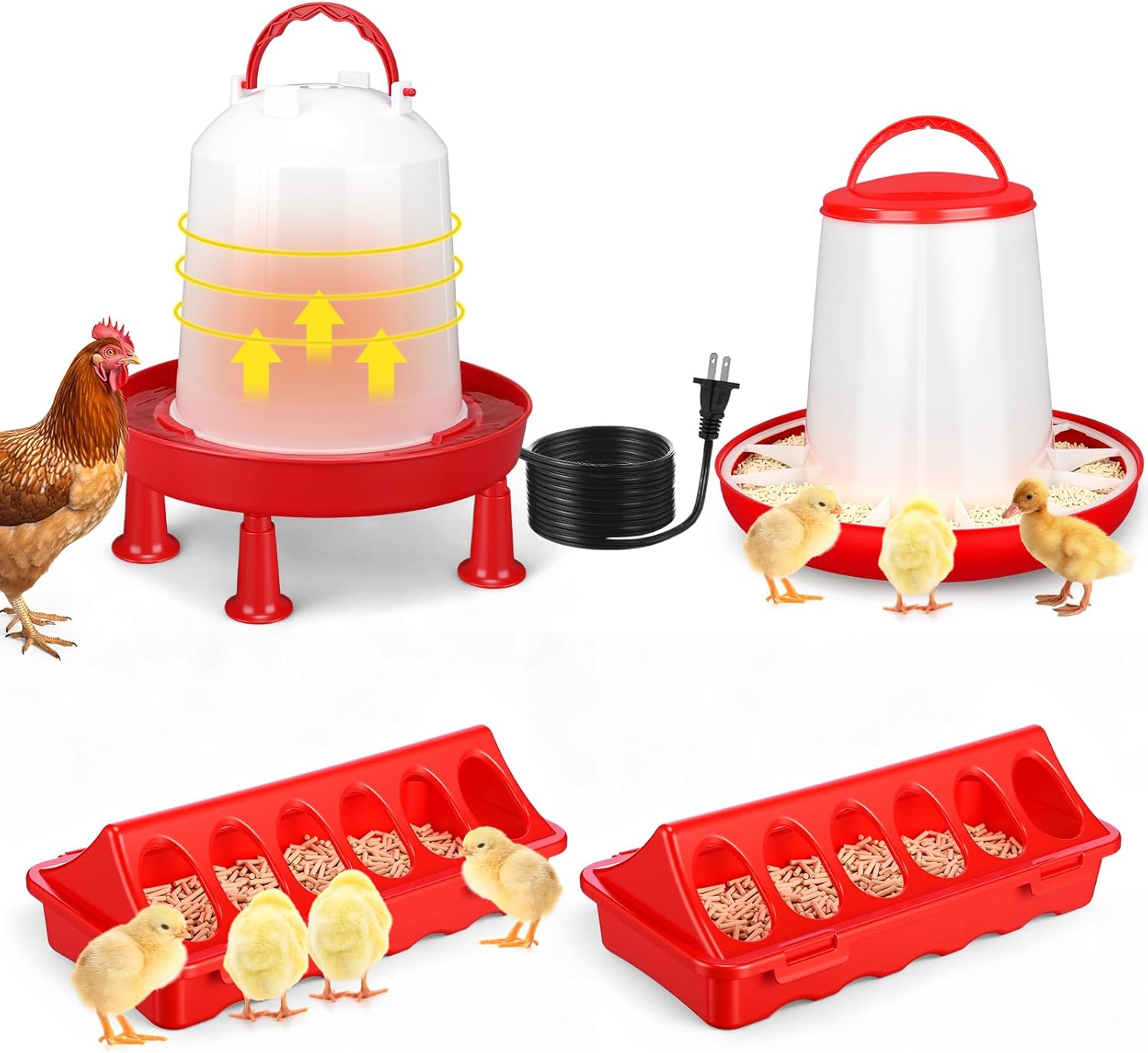 4 Pack 6l Heated Chicken Feeder and Waterer Kit Poultry Waterer Fountain with Leg Support for Chicks Coop Feeding Farm Supplies Birds Duck