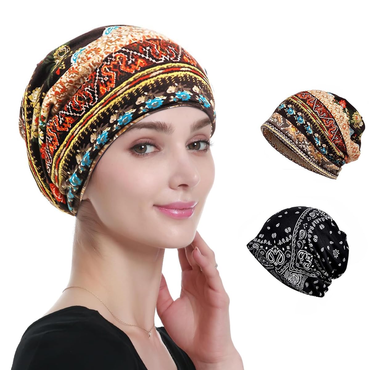 Slouchy Beanie Cap for Women, Boho Printed Beanie Hat Bonnet Cap, Fashion Casual Skull Cap, Soft Stretchy Saggy Chemo Cap for All Season-image-1