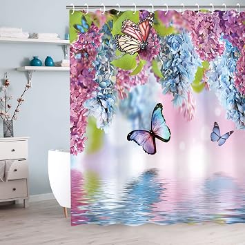 LIVILAN Butterfly Shower Curtains with Hooks, Floral Shower Curtain, Blue Butterfly Shower Curtain, Watercolor Flowers and Green Leaves Fabric Curtains for Bathroom Decor 72" W X 72" H