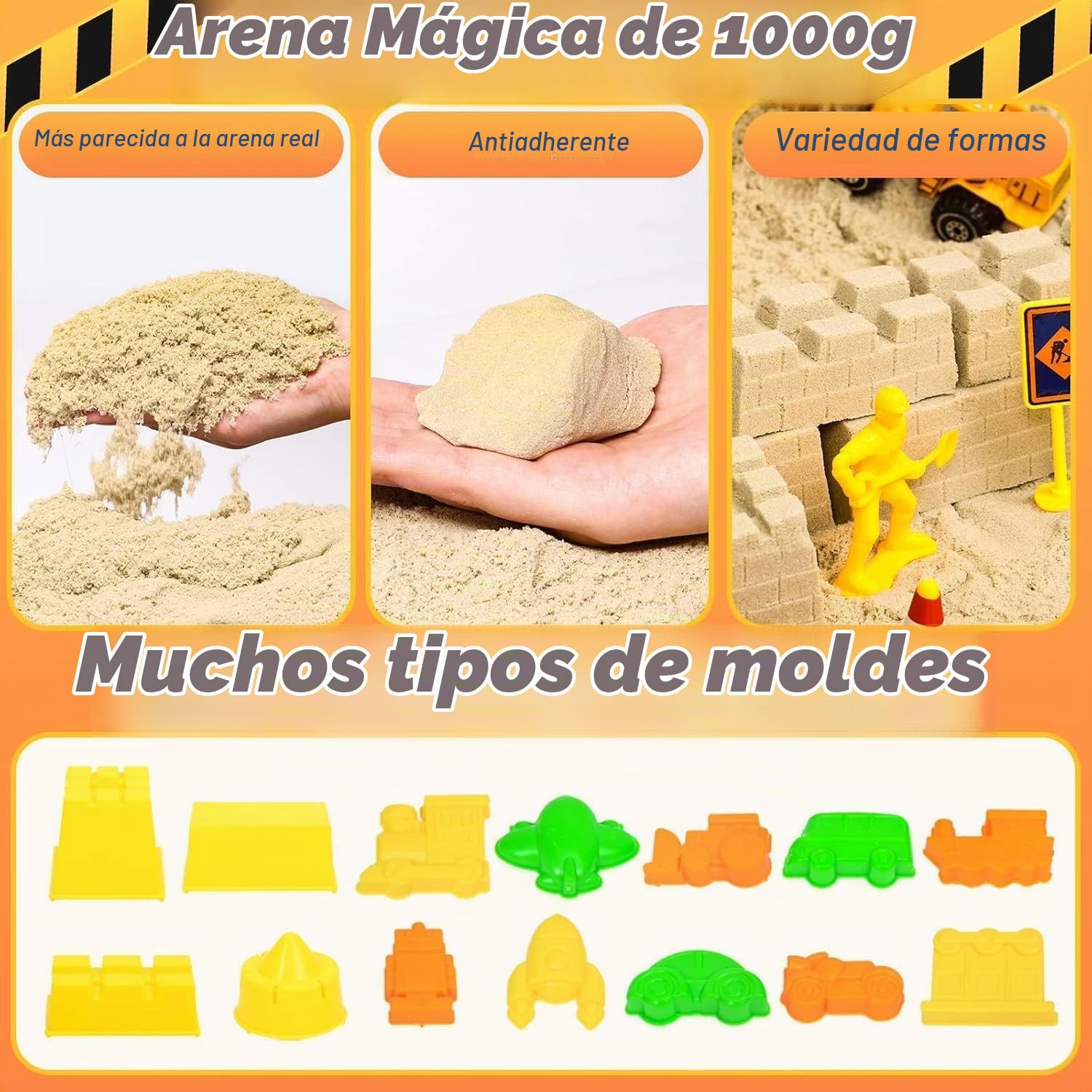 Tacobear Juguetes sensoriales de arena para niños de 3, 4, 5, 6, 7 años, kit de caja de arena para obras de construcción con arena mágica de 1000 g, grúa, 5 mini vehículos, moldes de arena, juguete de