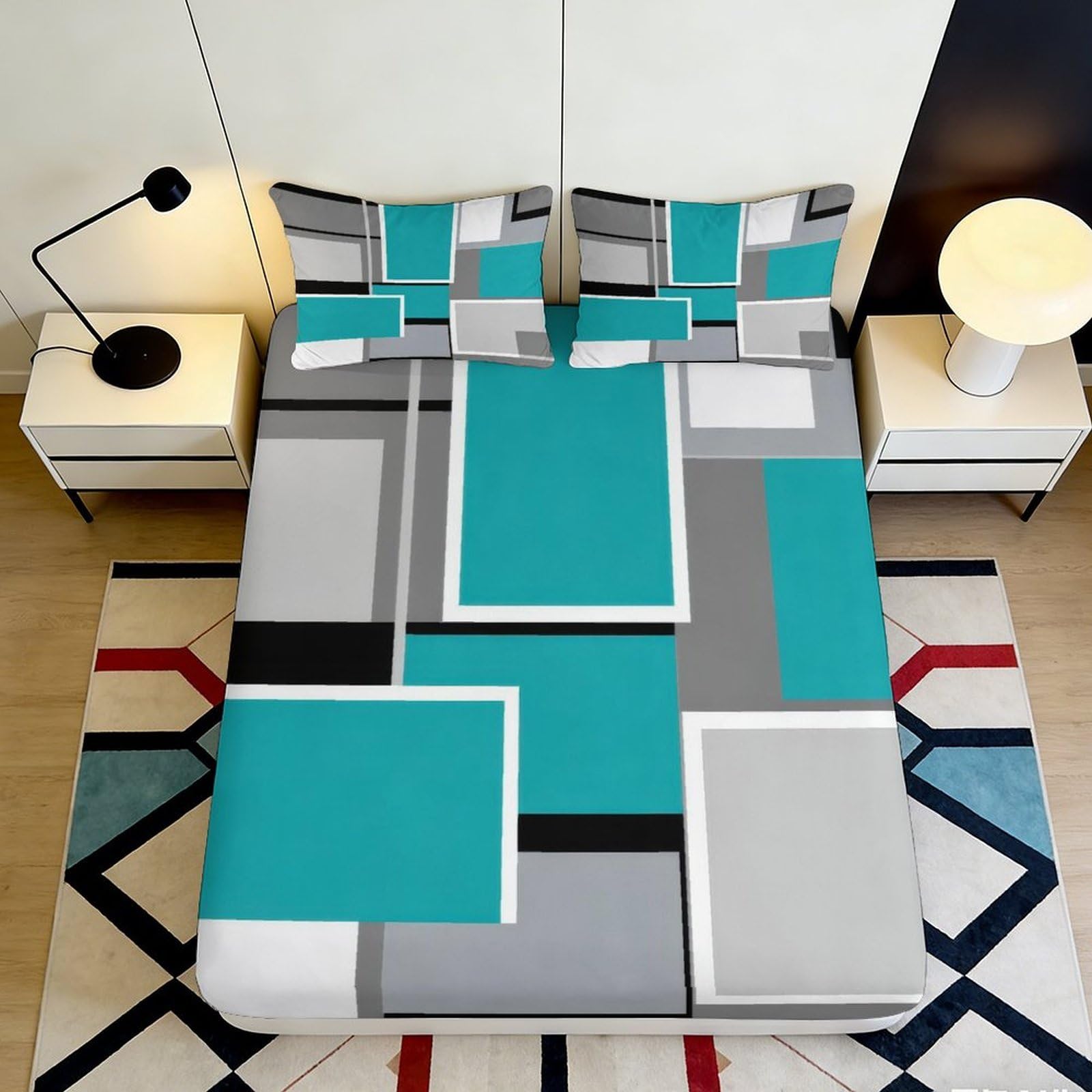 3D Printed Geometric Teal Blocks Fitted Sheet Microfiber Soft Grey Abstract Mattress Cover for Bedroom Dorm Decor 200x200x25cm