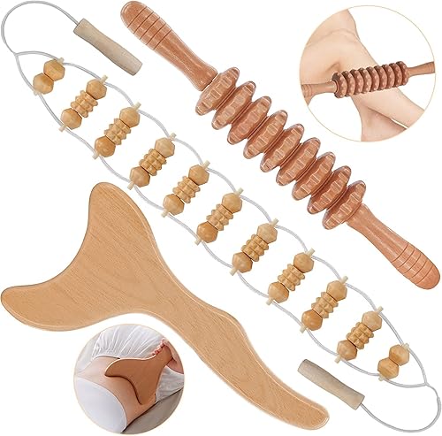 SAMLUNG - Herramientas de masaje de terapia de madera 3 piezas kit de meroterapia rodillo de masaje de madera rodillo de masaje de espalda cuerda de