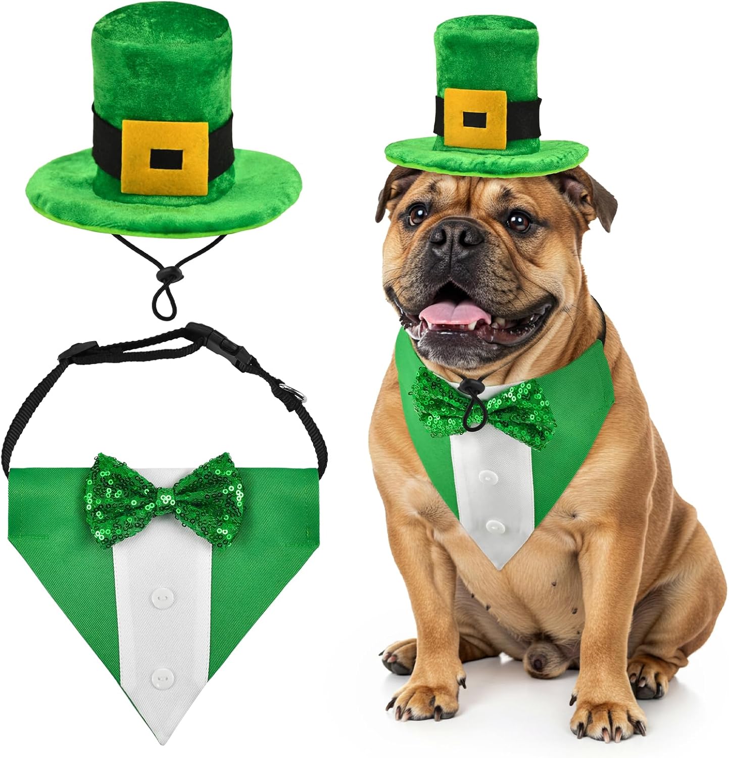 Disfraz de perro San Patricio con corbata y sombrero