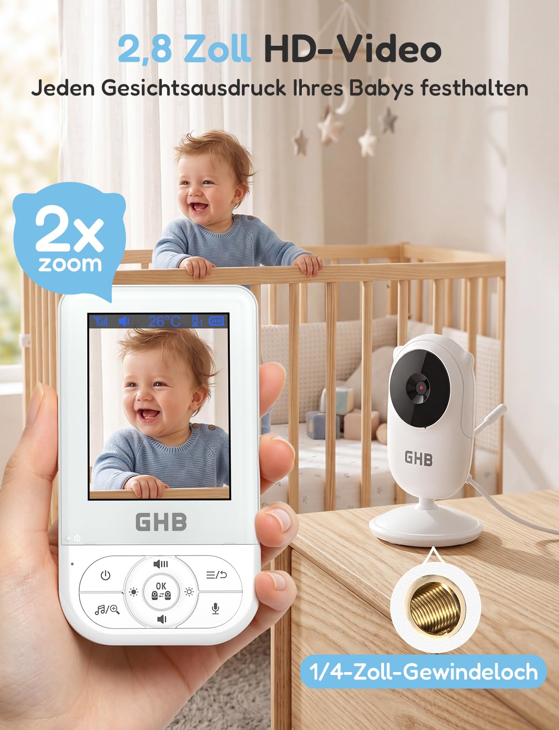 GHB Babyphone mit Kamera Baby Monitor 2,8 Zoll mit Nachtsicht VOX Schlaflieder Gegensprechfunktion Temperatursensor Max. 4 Kameras Unterstützt Weiß