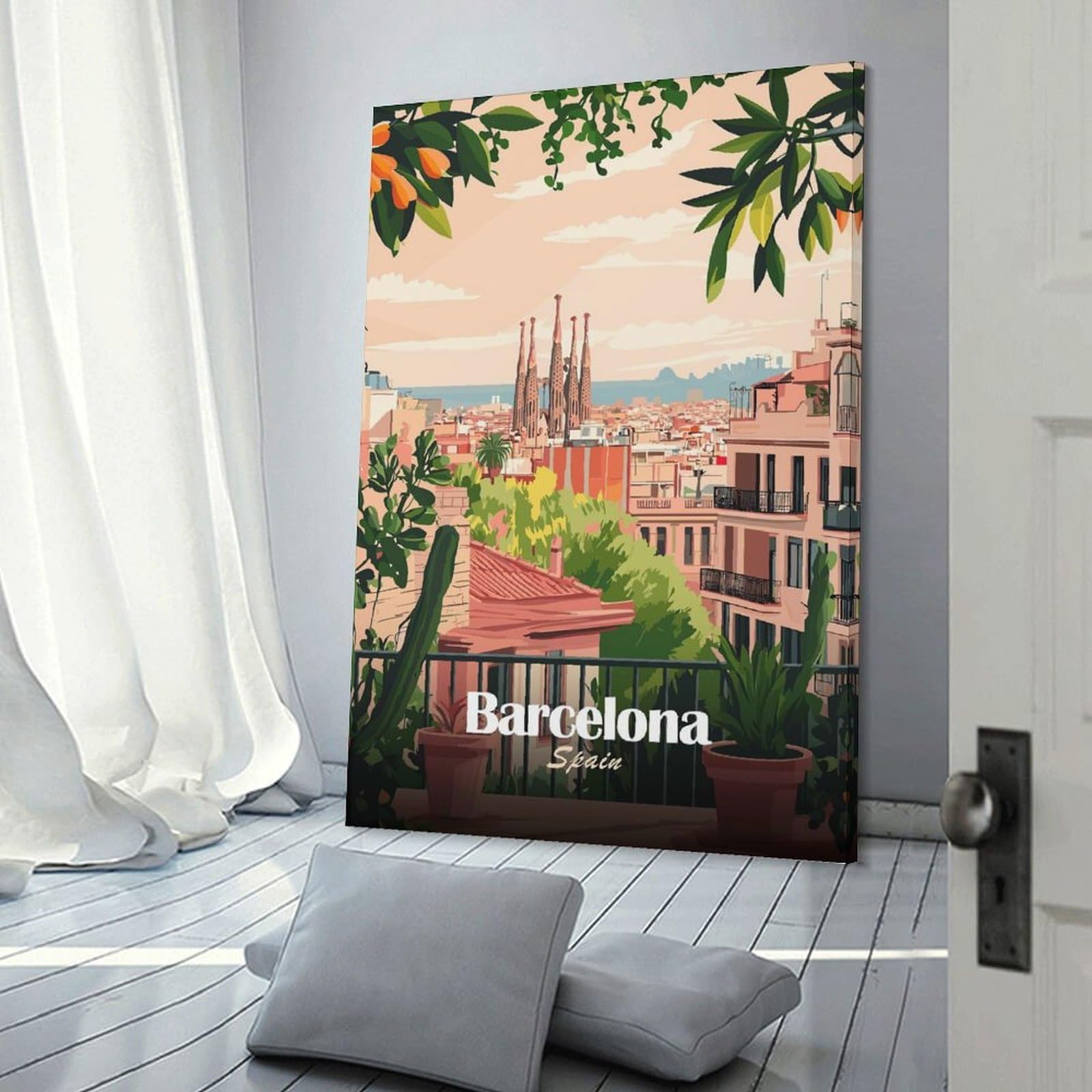 Junmoney Barcelona Spain Cityscape Illustration Canvas Wall Decor 20x30inch(50x75cm), for Corridors, Hallways Or Apartment Entries, A Stylish Accent for Home Entrances