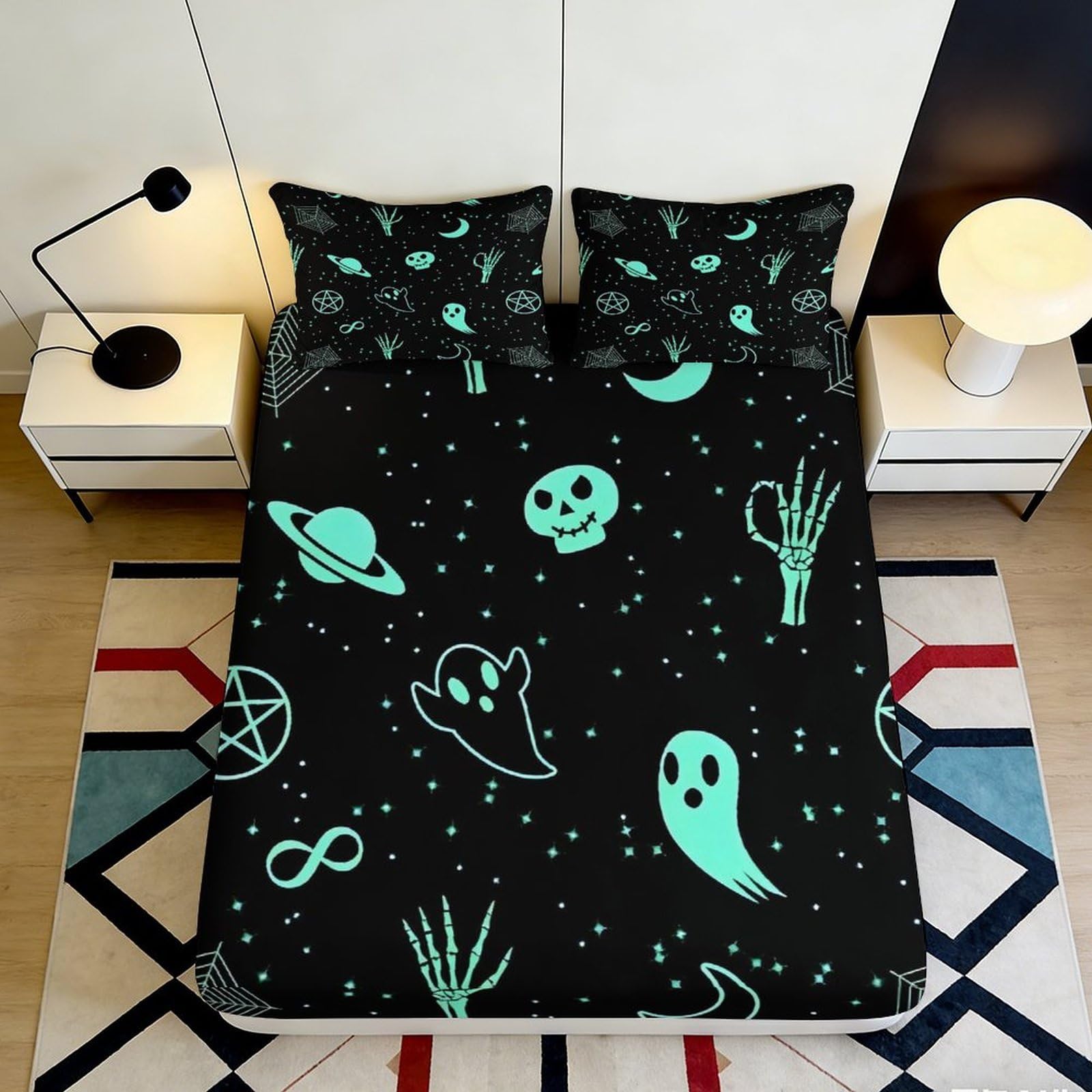 Uynsixtme Style-1 3D Printed Glow In The Dark Ghost Pattern Fitted Sheet Microfiber Elastic Hem Bedroom Bedding Set Glow Ghost Mattress Fitted Cover Deep Pocket Washable 140X200x25cm