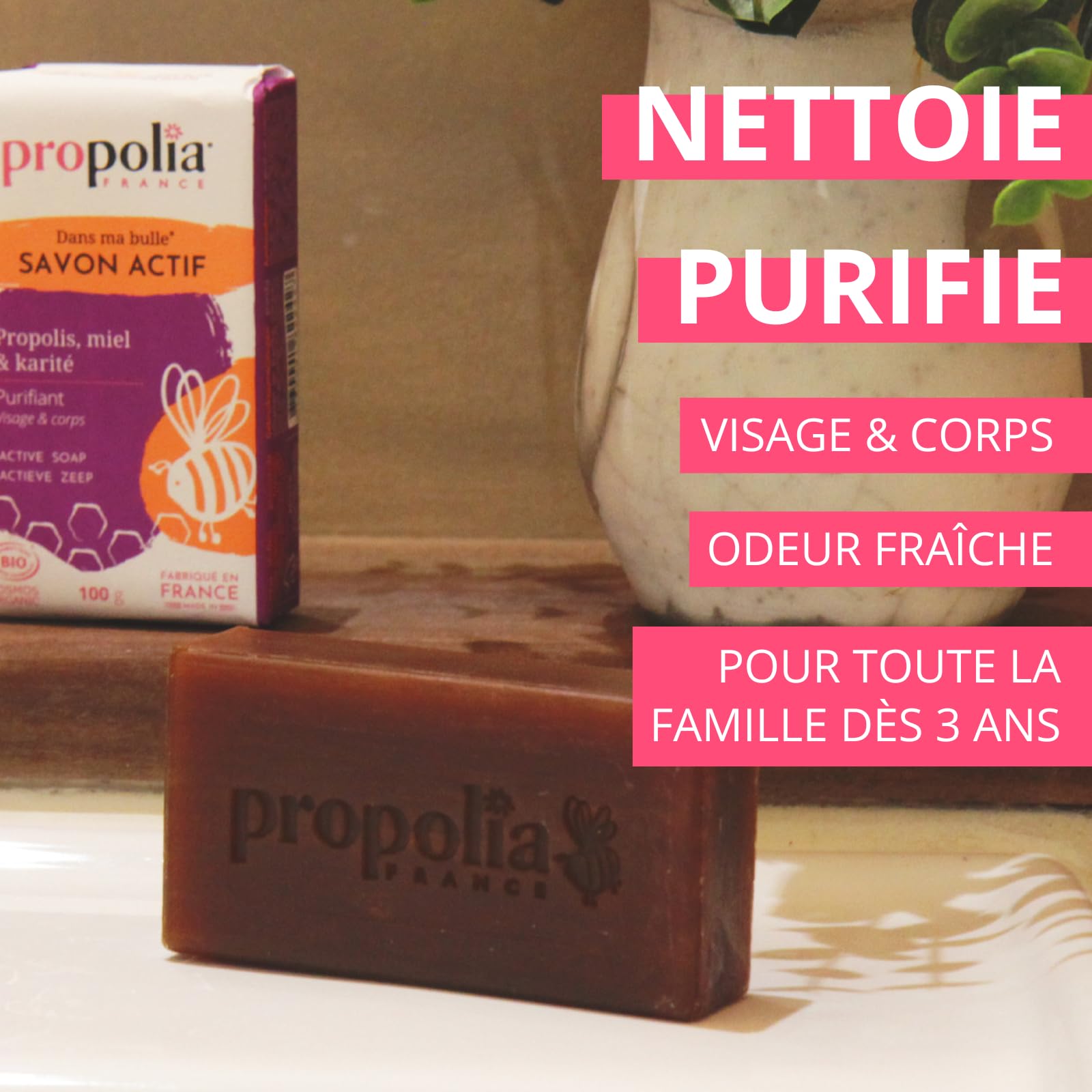 PROPOLIA - Organiczne - Aktywne mydło - Twarz i Ciało - Propolis, Miód i Shea - Dzieci i Dorośli - Dla wszystkich rodzajów skóry - Wyprodukowano we Francji - Chleb 100 g