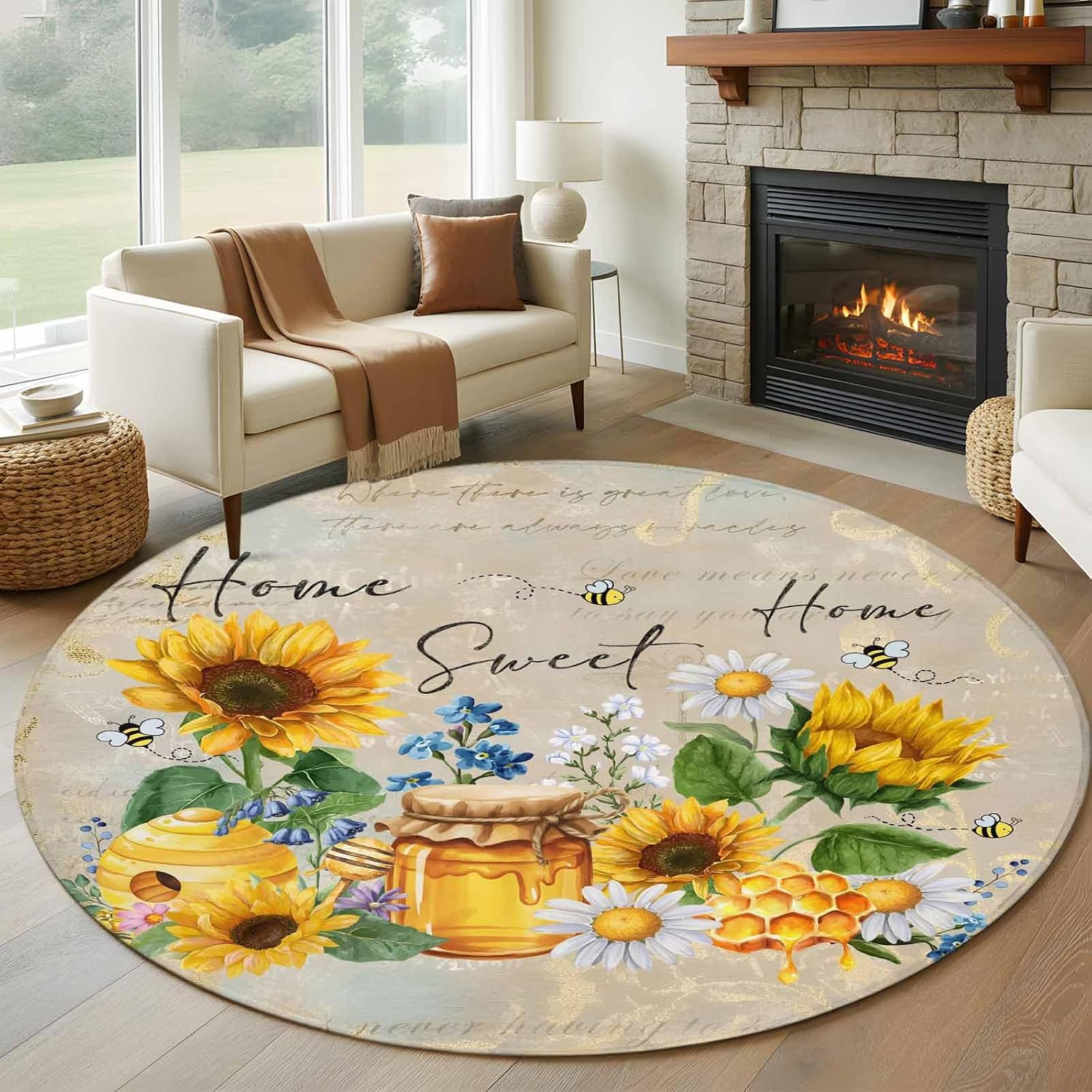 Amazon.com: Vintage Sunflowers Honey Round Rugs 7ft Washable Daisy Blue ...