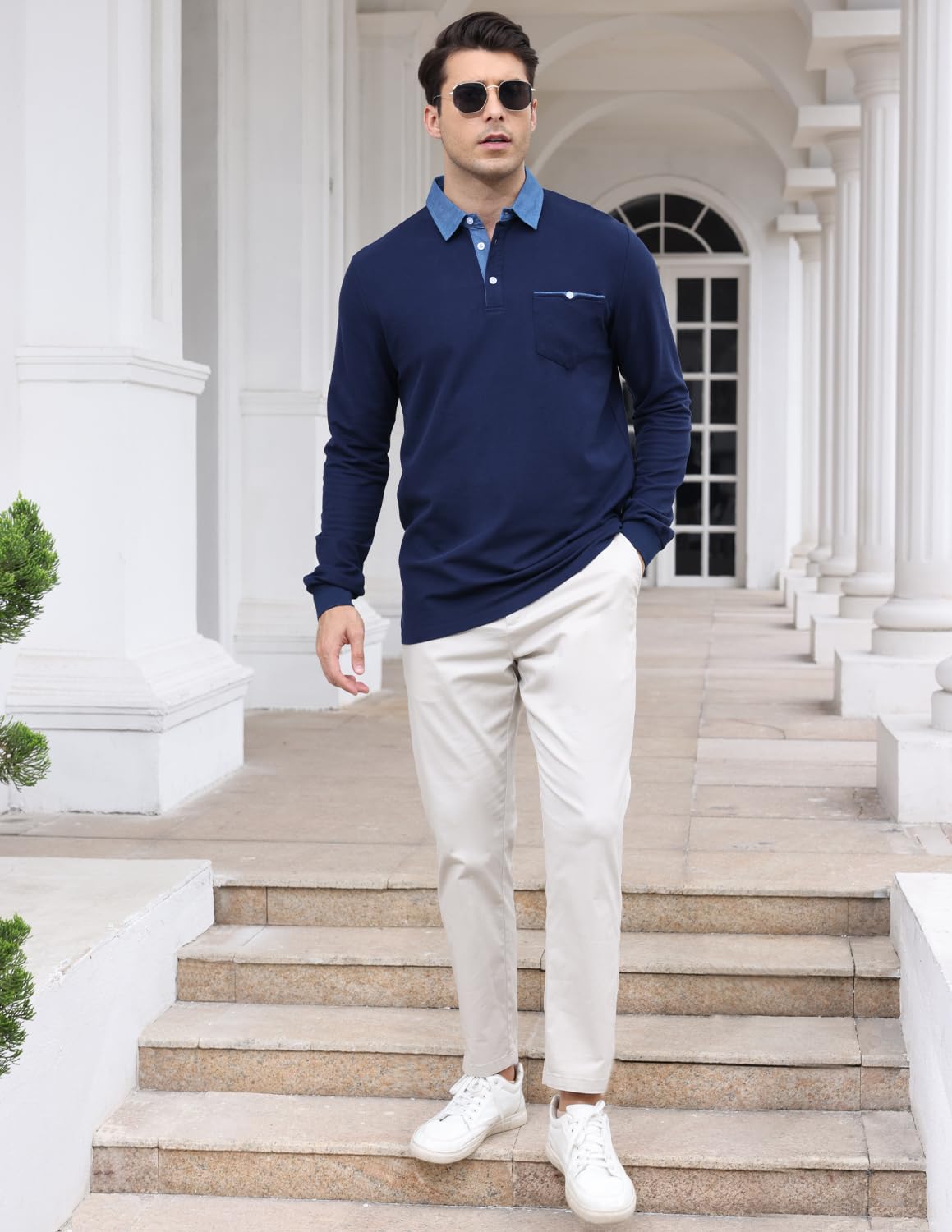 KUNJLELP Polo Camicia Uomo Manica Lunga Maglietta con Colletto in Denim Casuale Cotton Inverno Golf T-Shirt