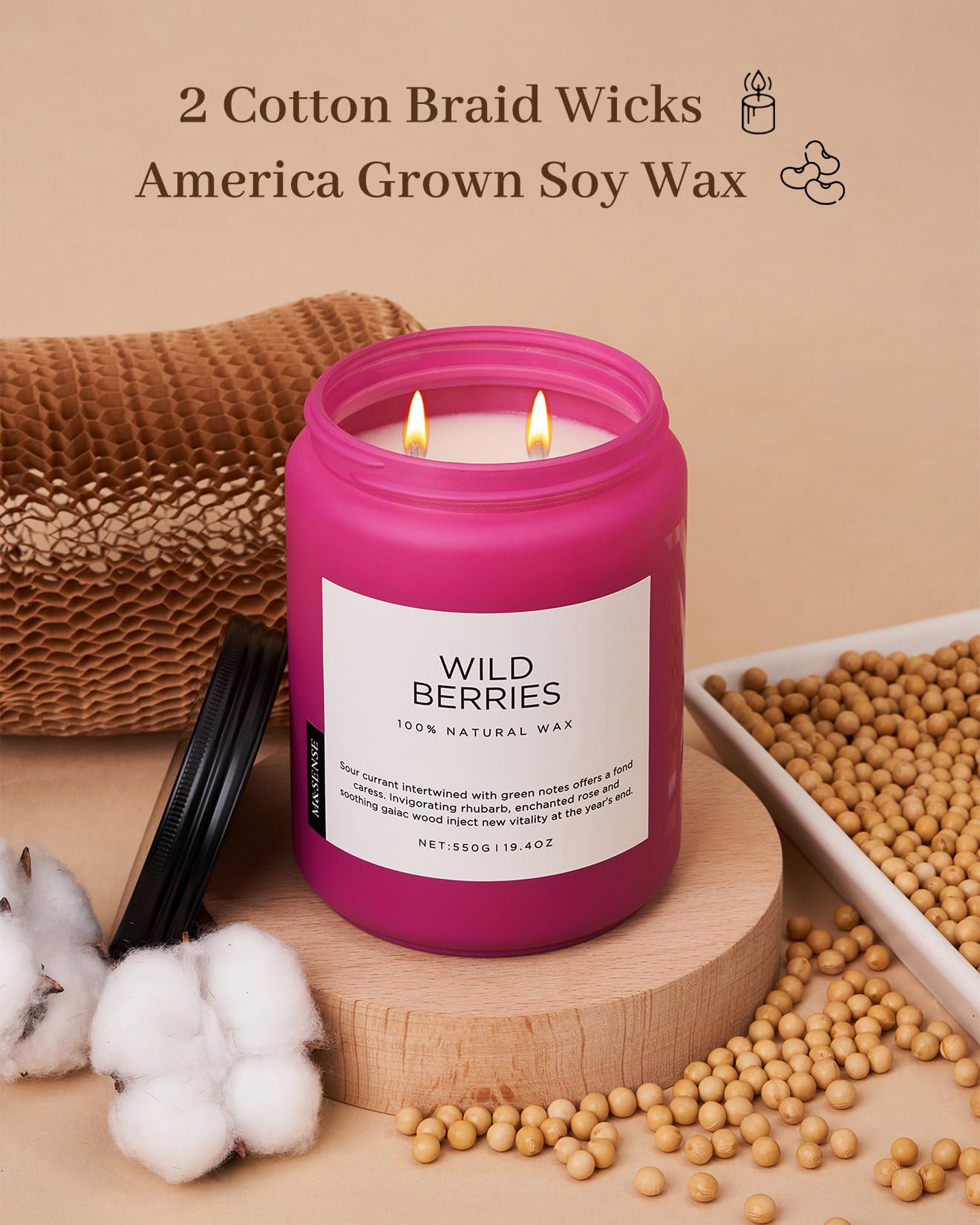 M&SENSE Candele di soia grandi Bacche selvatiche profumate per la casa. Candela di soia naturale organica da 550 g. Durata 110 ore. Regalo di candela invernale profumata per feste natalizie
