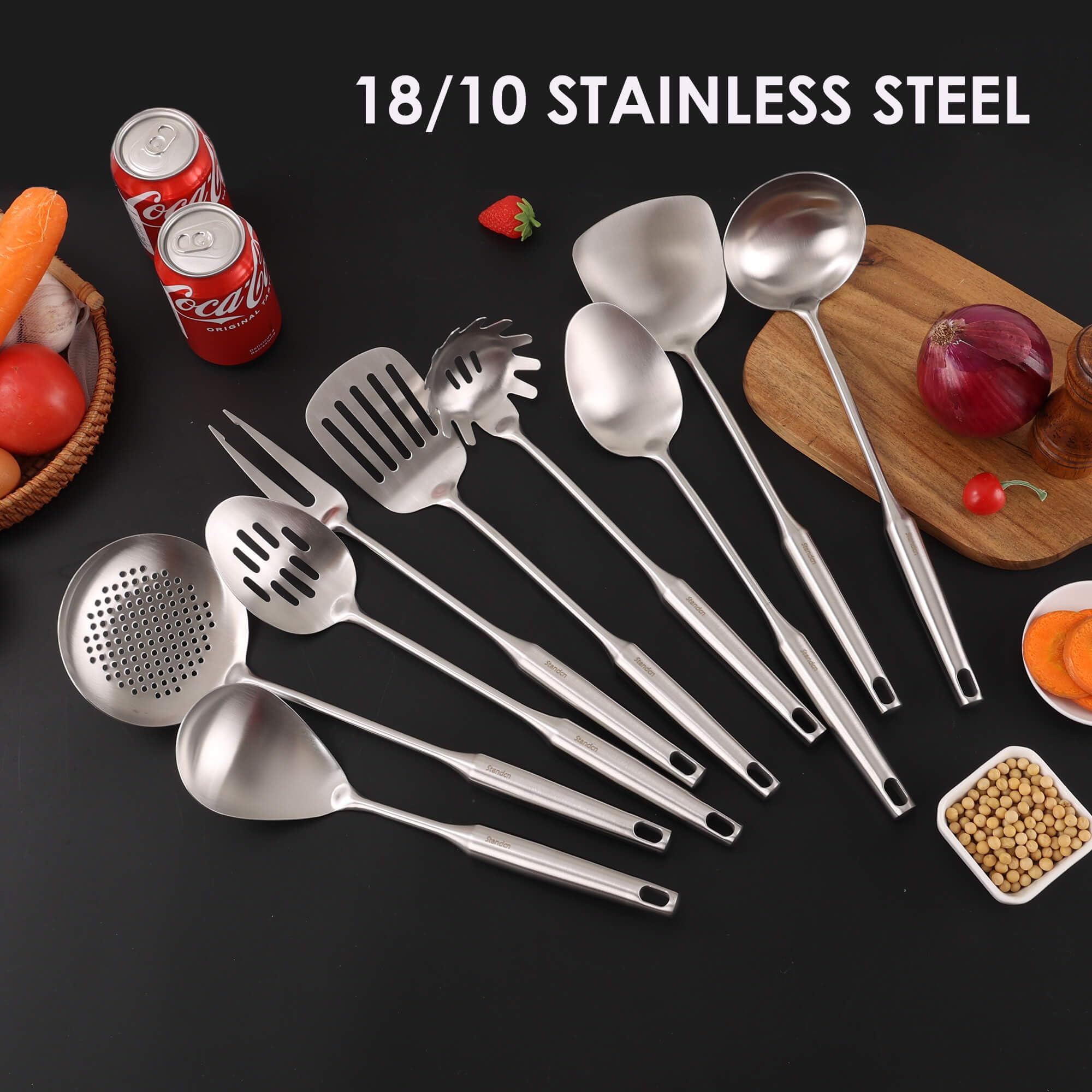 Standcn Küchenutensilien-Set aus 304 Edelstahl, 9-teiliges Metall-Kochwerkzeug-Set mit Fleischgabel, massivem Löffel, Schlitzlöffel, Spatel, Schöpflöffel, Schaumlöffel, Spaghettiheber, großer Löffel