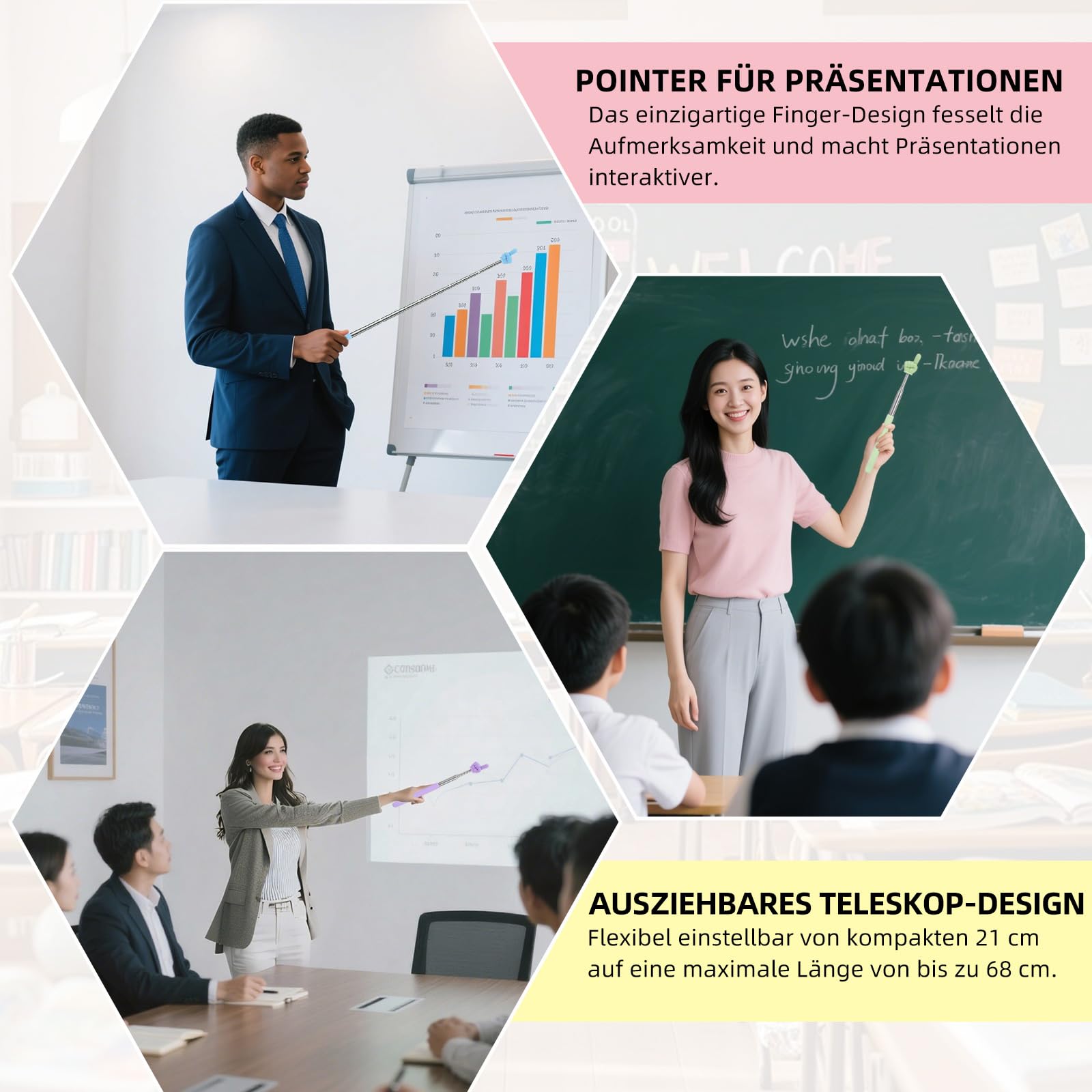 5 unidades de puntero extensible, color macaron, puntero telescópico para profesores con punta de dedo divertida, punta retráctil de acero inoxidable para aulas y conferencias, barra de dedo