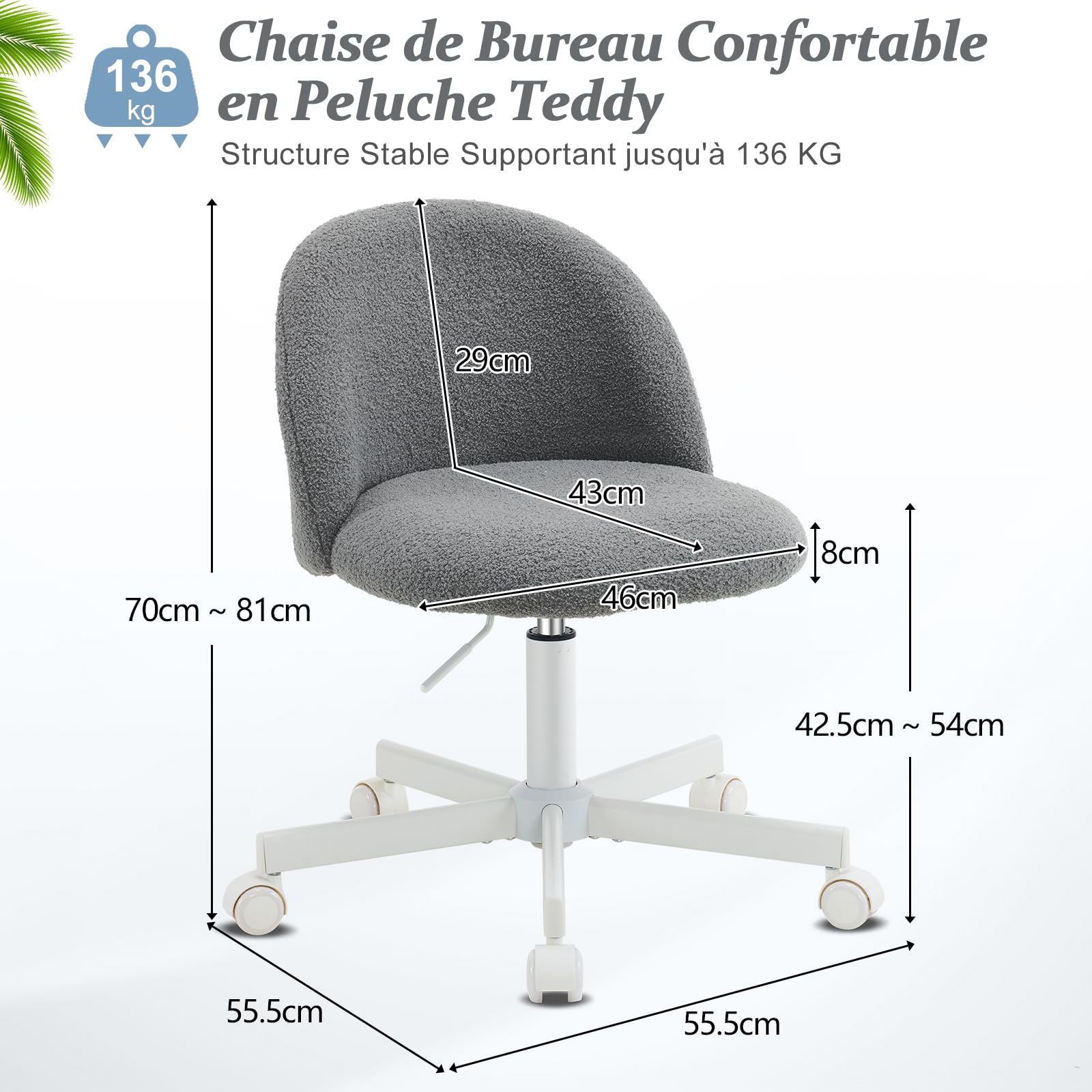 Bonnlo Chaise de Bureau Mignonne sans Accoudoirs, Petite Chaise Confortable, Fauteuil de Coiffeuse avec Support Lombaire, Chaise Pivotante Réglable pour Bureau, Chambre, en Teddy (Gris)