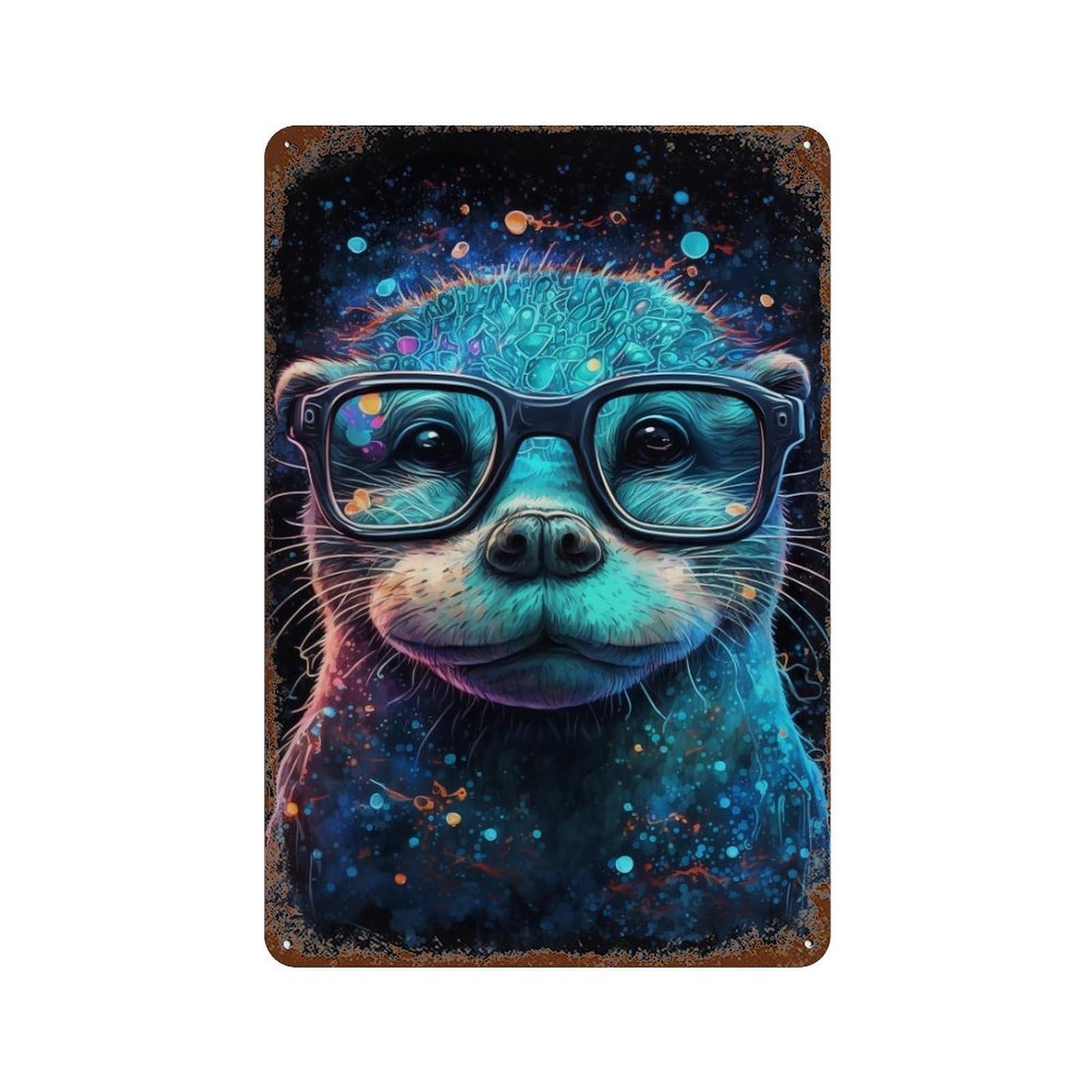 Otter Glasses Fantasy Art Print Rusty Metal Tin Sign 11.8"x7.9", Vintage Wall Decor for Garage, Pub Or Kitchen
