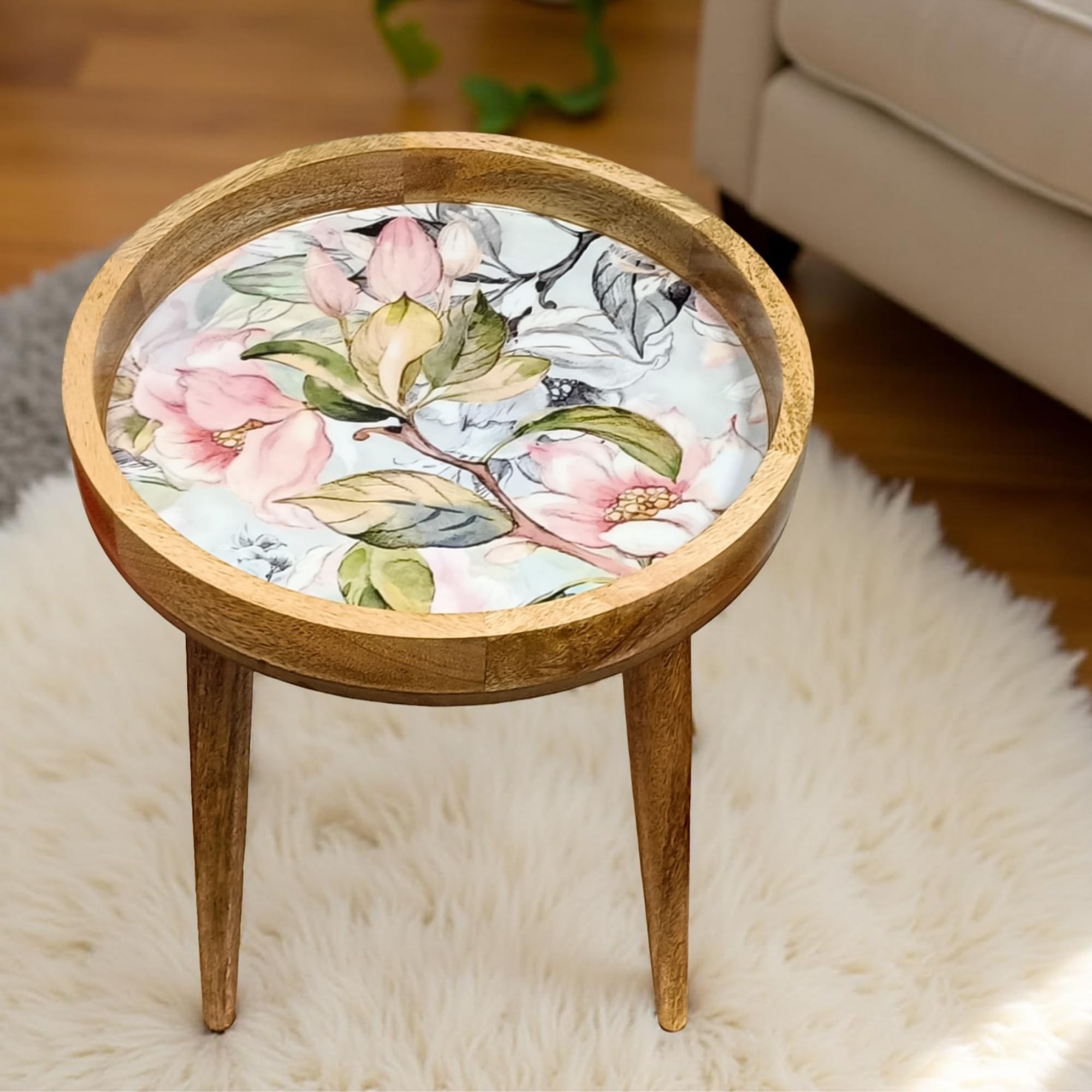 Hartsmede Mango Wood Side Table 13" – Marrakesh Handmade Eco-Friendly Boho Accent with 22" Resin-Coated Enamel Top, Detachable Legs, Lightweight Small Round End or Bedside Table (Spring Flower)
