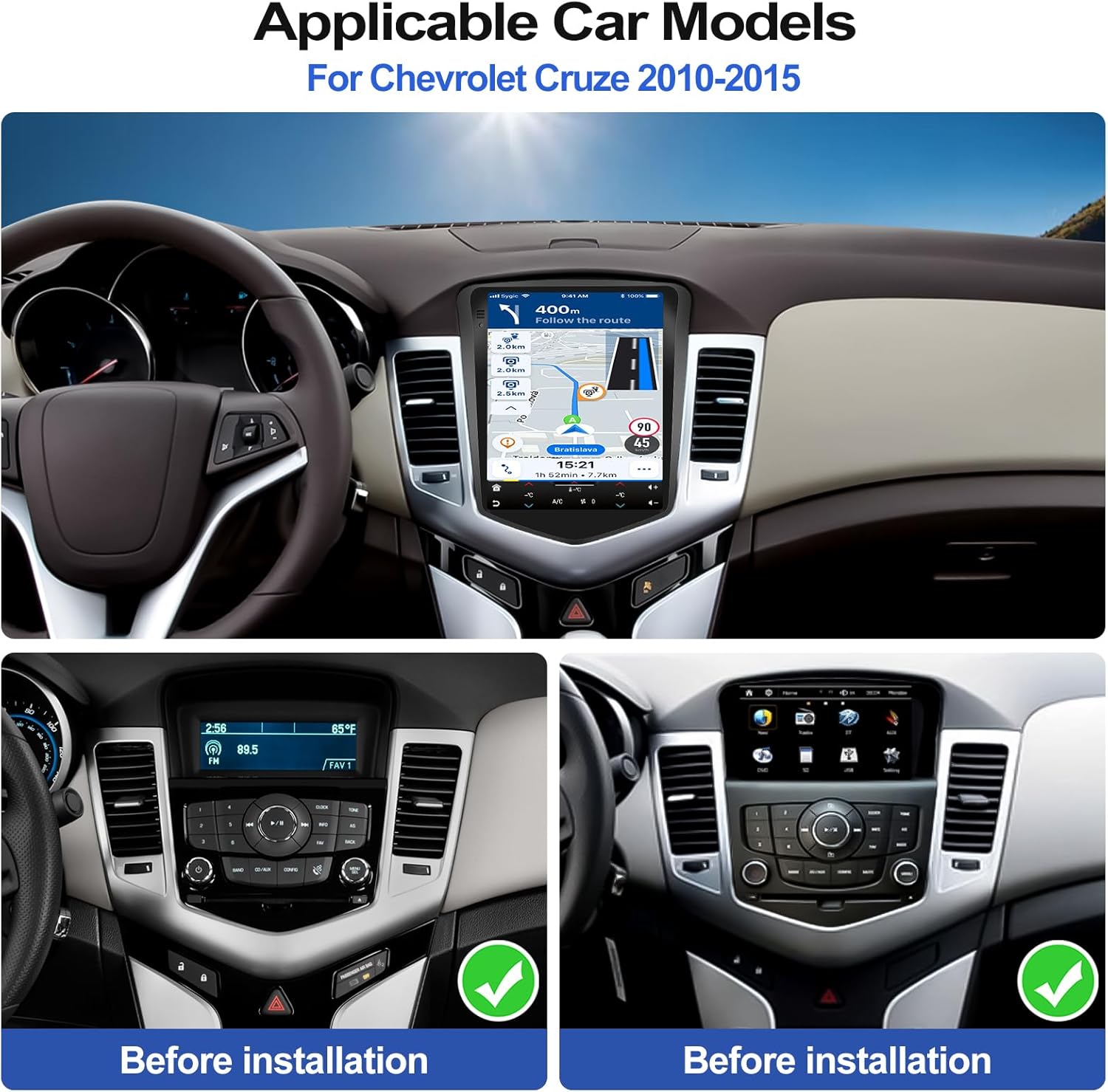 2G+64G Car Radio for Chevrolet Chevy Cruze 2010-2015 with Wireless CarPlay Android Auto 9" Touchscreen Head Unit Android 13 Car Stereo with AHD Backup Camera GPS Navigation Bluetooth FM WiFi