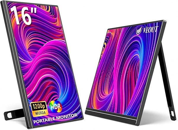 Veout 16" Portable Monitor, 1920 * 1200P IPS Laptop Monitor with USB-C, Freesync HDMI Gaming Monitor Featuring a Kickstand, Available in Four Colors, 0.3" Ultra-Slim for Travel and Office Use