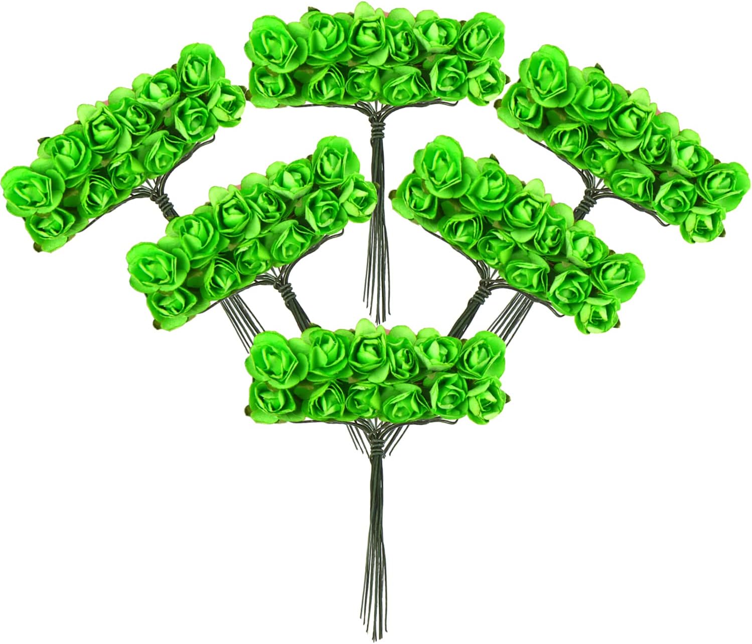 CCINEE 144pcs Mini Paper Flowers,Mulberry Paper 1/2" Artificial Rose Flower with Stem for DIY Crafts Projects Scrapbooking Wedding Decorations (Green)