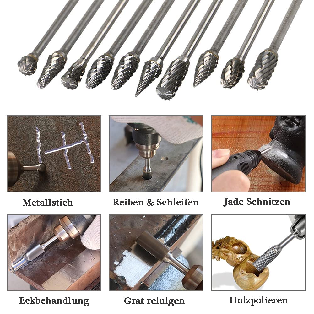 Mesee 10 Stück Rotary Burr Set, Wolframstahl Frässtifte, Raspel Set Hartmetall Frässtift Rotary Burr, Holzbearbeitung Schleifkopf Drehwerkzeug Wolframstahl Grinder für Schnitzen, Gravur, Bohren-100mm