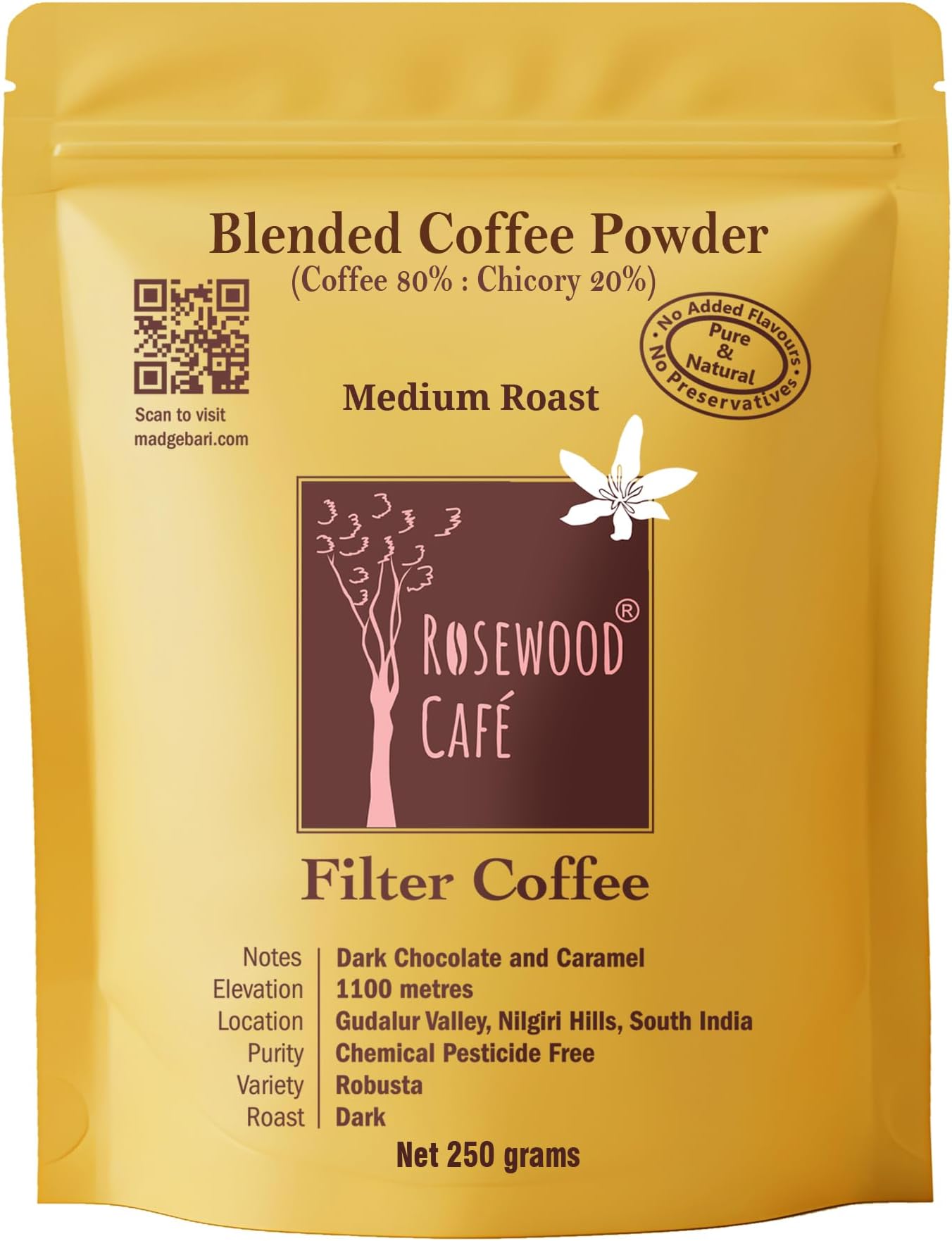 Rosewood Cafe' - South Indian Filter Coffee Powder| Rich Aroma & Bold Flavor| Energizing & Refreshing | Perfect for Hot & Cold Brews | Authentic Flavour (250 Grams, Medium Roast)