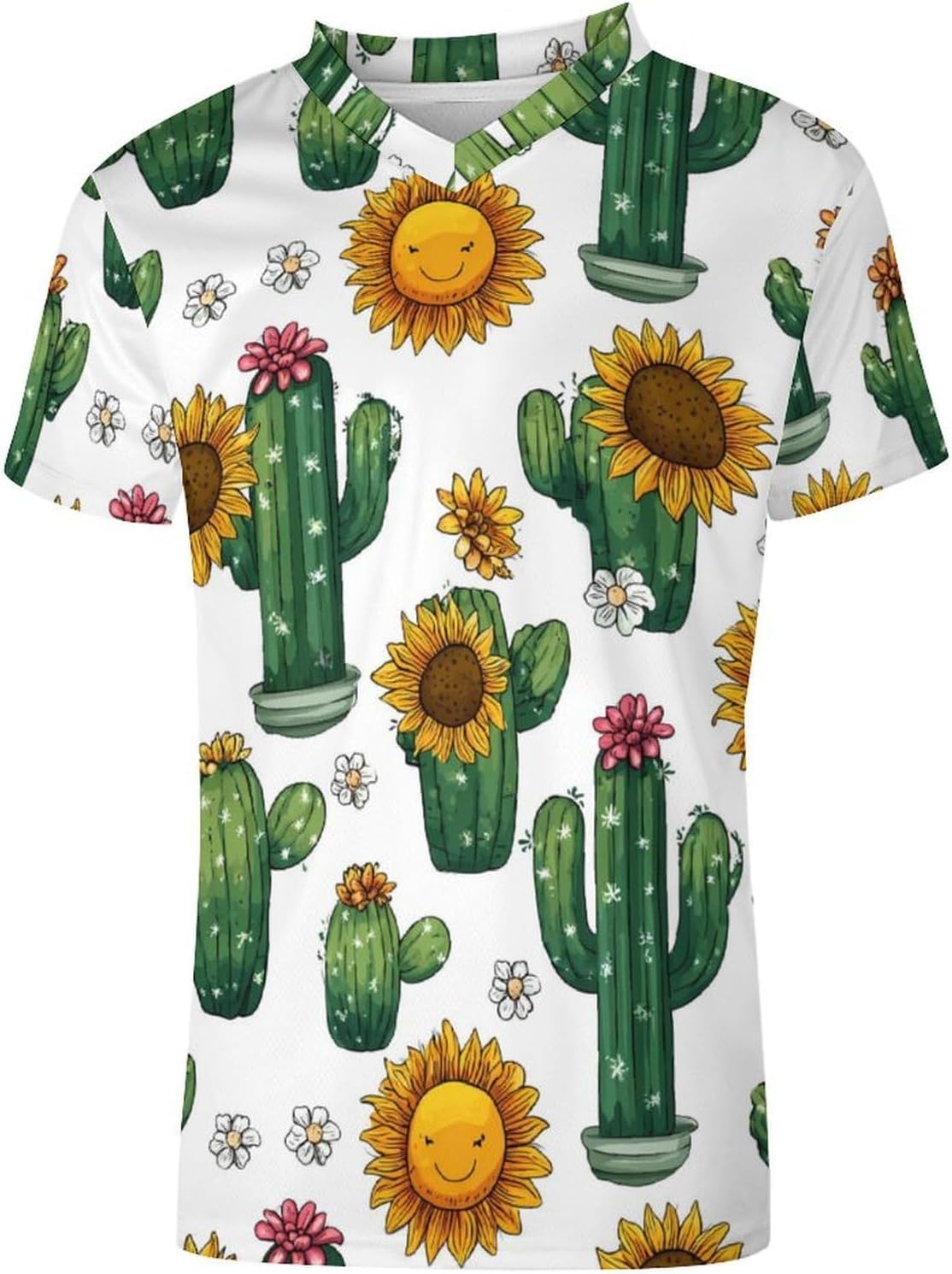 Cactus Sunflower Flower Mens V Neck Soccer Jersey Quick Dry Breathable Short Sleeve T Shirt Sports Football Tops 6X-Large