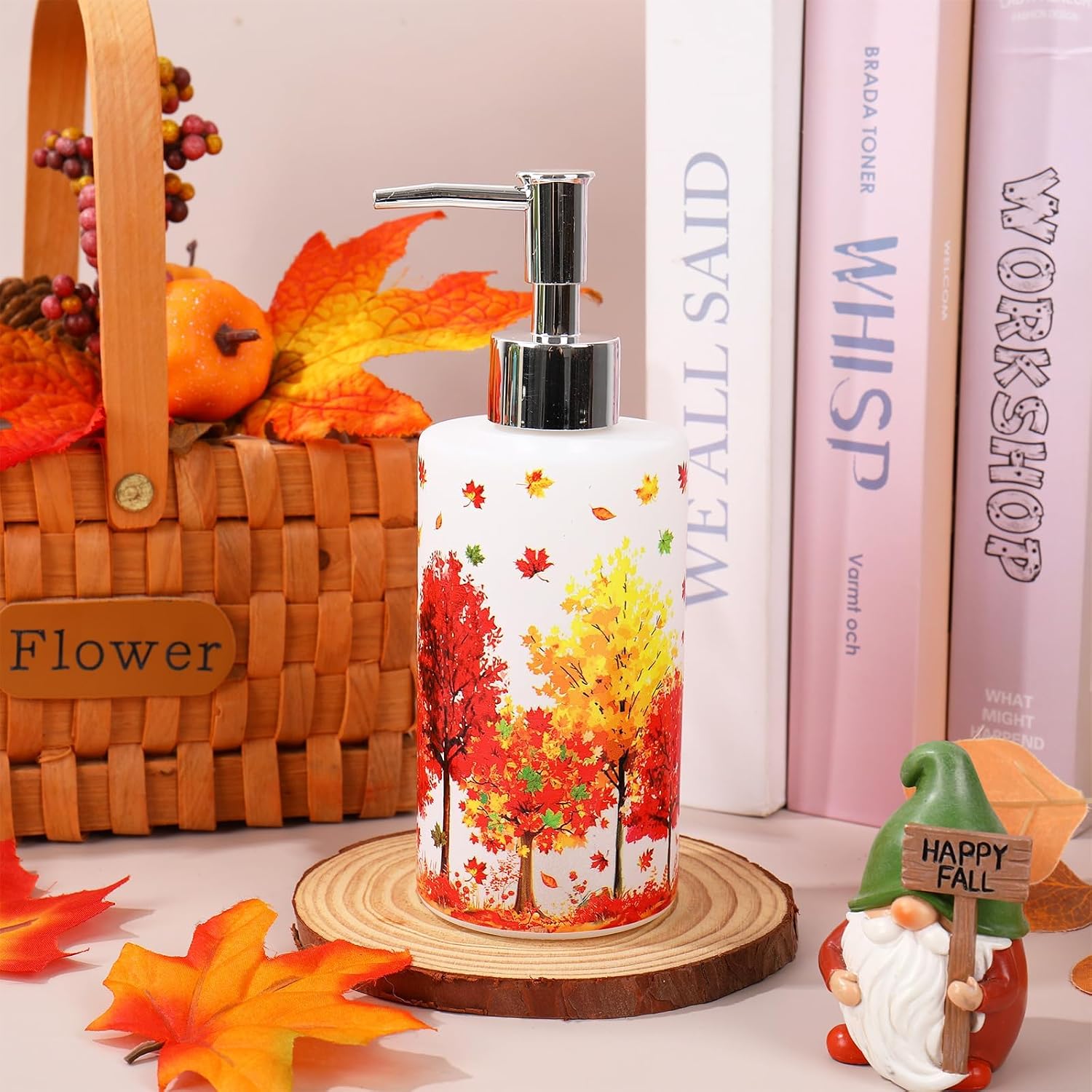 FYSUIMU Fall Soap Dispenser Glass Dispenser with Pump Maple Forest Tree Refillable Liquid Soap Container for Autumn Thanksgiving Home Kitchen Bathroom Countertop Decor