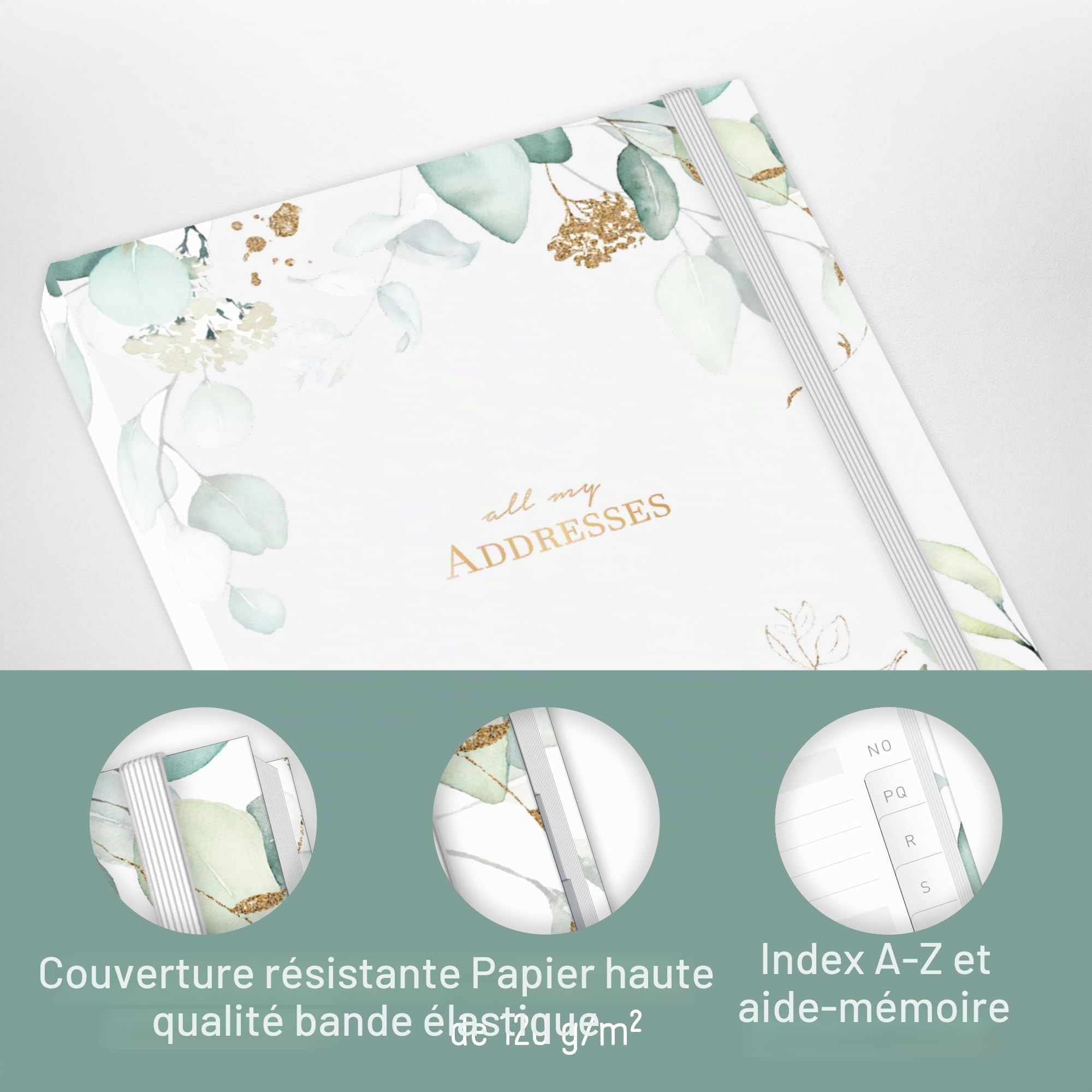 Carnet d'adresses A5 avec onglet A-Z Feuille d'or - durable et respectueux du climat