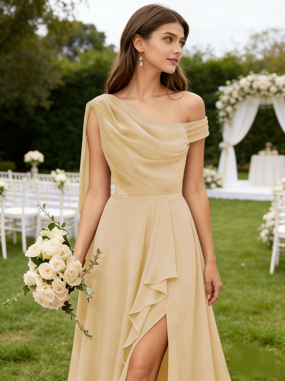 One Shoulder Pleated Black Bridesmaid Dresses for Women Long with Slit Sleeveless Chiffon Formal Dress with Pockets US Size 0 - Image 4