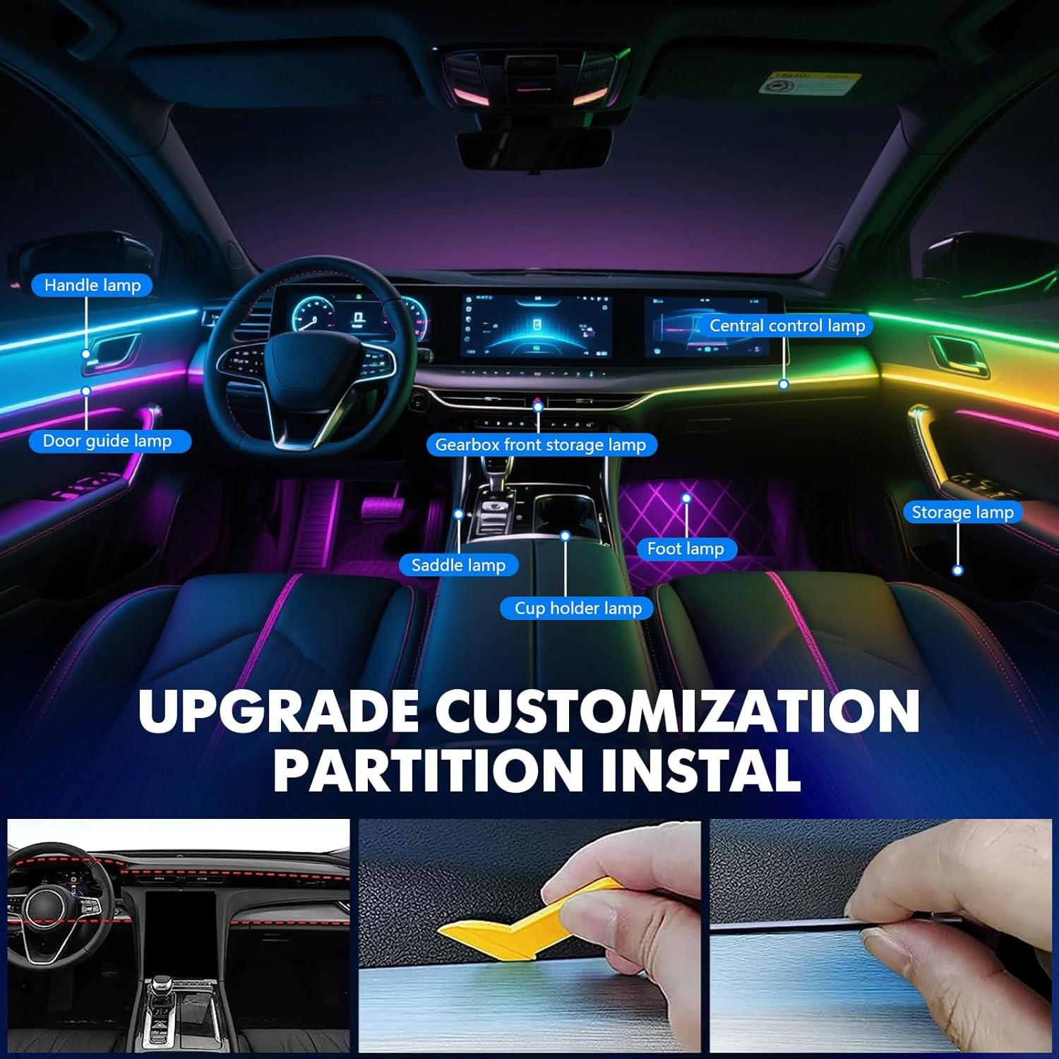 2026 Upgraded Acrylic Interior Car LED Strip Light Dual-Zone Wireless App, 2 in 1 with 43.3inch + 9.8inch Fiber Optic Strip Lights, Dynamic Chasing Music Sync Neon Car Ambient Lighting Kits